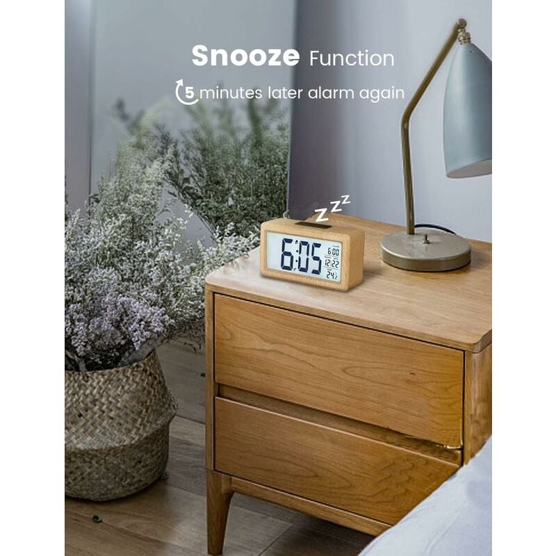 Réveil numérique avec grand écran LCD rétroéclairé, température, fonction snooze, capteur de luminosité [piles non incluses] - 4