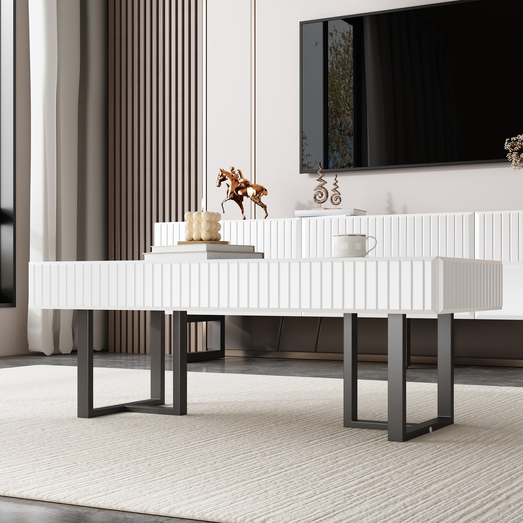 Zestaw mebli RTV 170 x 35 x 47 cm z 3 szufladami i stolikiem kawowym 110 x 50,5 x 41 cm - Płyta wiórowa + MDF - Kolor biały + czarny - 7