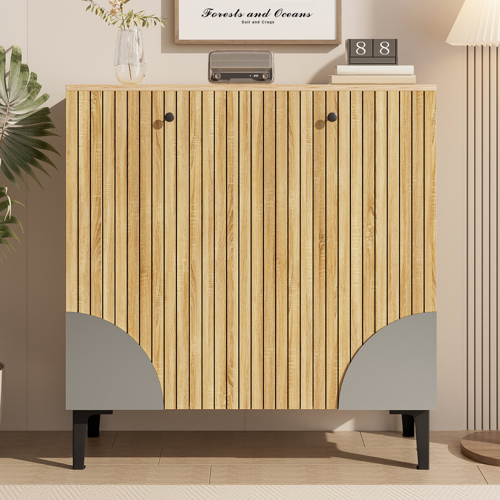 Szafka na buty z 3 drzwiami - 90 x 32 x 94 cm - Płyta wiórowa i czarne nogi z tworzywa PVC - Kolor drewna - 7