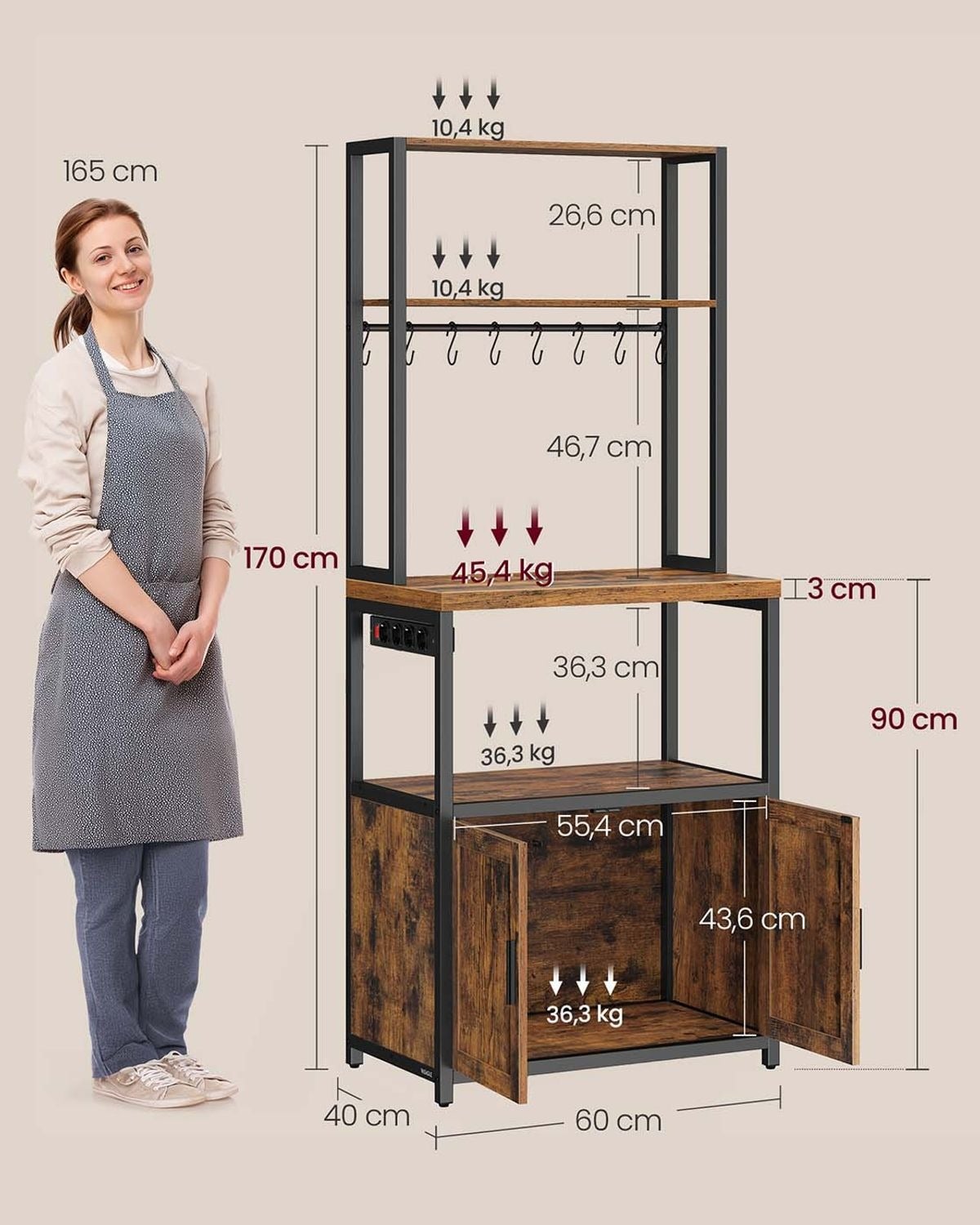 Mueble auxiliar de cocina con enchufes, estantería para microondas con ganchos, estilo industrial - 3