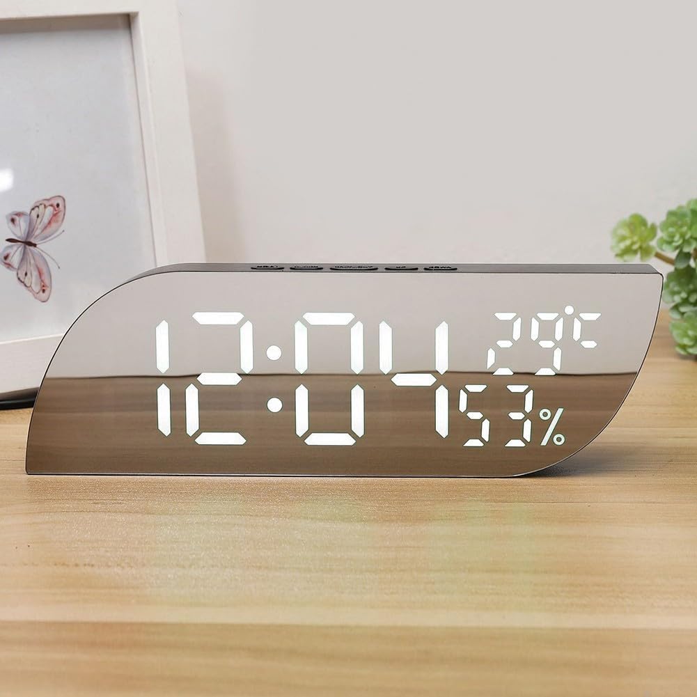 Elektroniczny budzik biurkowy, cichy wyświetlacz temperatury i wilgotności, wyświetlacz lustrzany, regulowana jasność