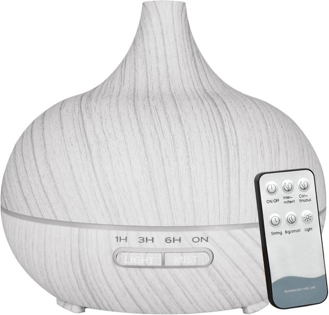 Nawilżacz powietrza, dyfuzor aromaterapeutyczny 550 ml z pilotem, automatyczne wyłączanie, białe słoje drewna.