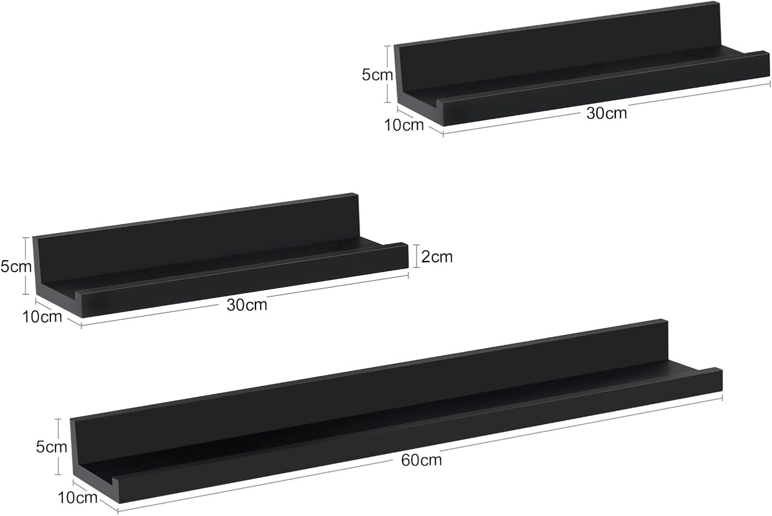 Lot de 3 Étagère Murale WOLTU, Décoration Murale pour Cadre Photo, avec Rebord, Noir, 60cm - 4
