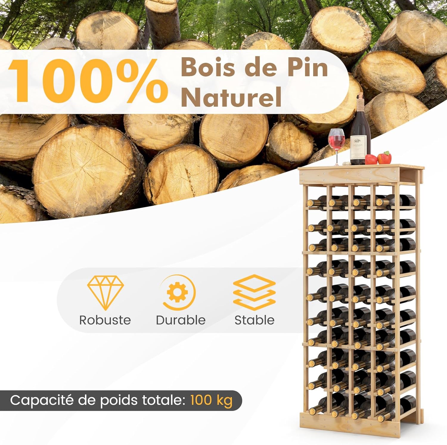 Portabottiglie di Vino, Scaffale per 40 Bottiglie di Vino in Legno di Pino, Cantinetta Porta Vino, 113 x 47 x 28 cm (Senza Traversa) - 5