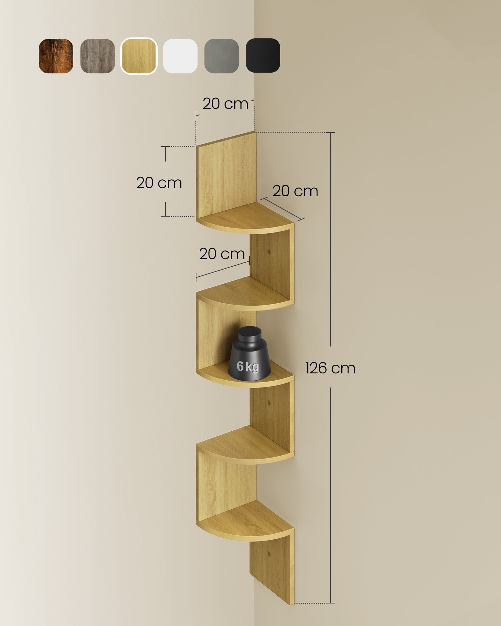 Librería esquinera, estantería esquinera de Pared, estantería de Pared con 5 estantes, para Dormitorio, salón, baño, Roble Natural - 6