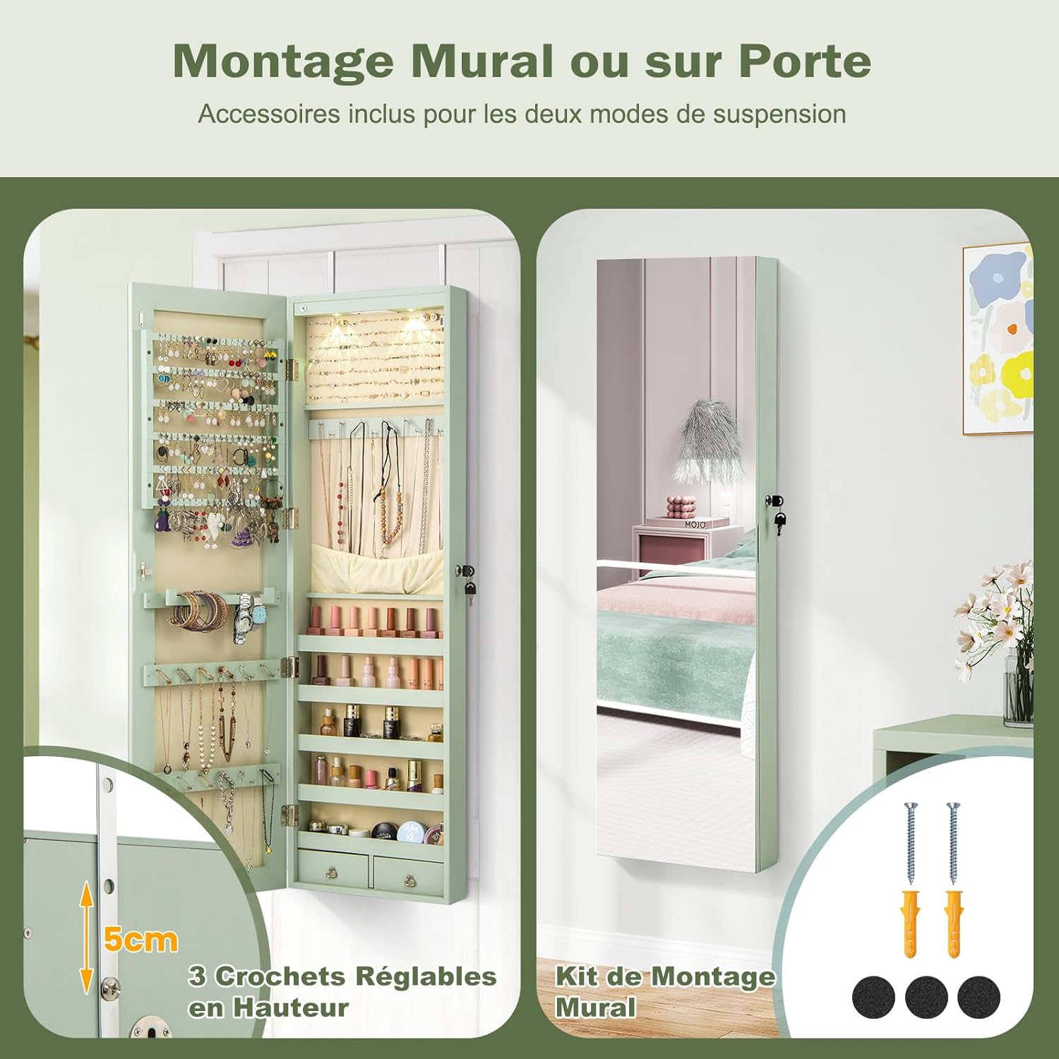 Armoire à Bijoux avec Miroir, Armoire a Bijoux Murale avec Éclairage LED, 2 Tiroirs, Fixer au Mur ou à Suspendre sur Porte (Vert) - 8