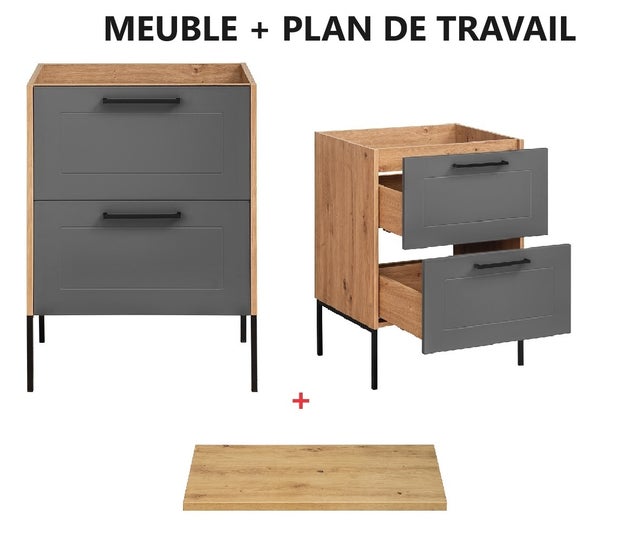 Meuble sous lavabo de salle de bain - Chêne artisan et graphite - L60-H61-P46 - Modern + Plan de vasque en bois CHÊNE ARTISANAL L-60-P48-H2,5