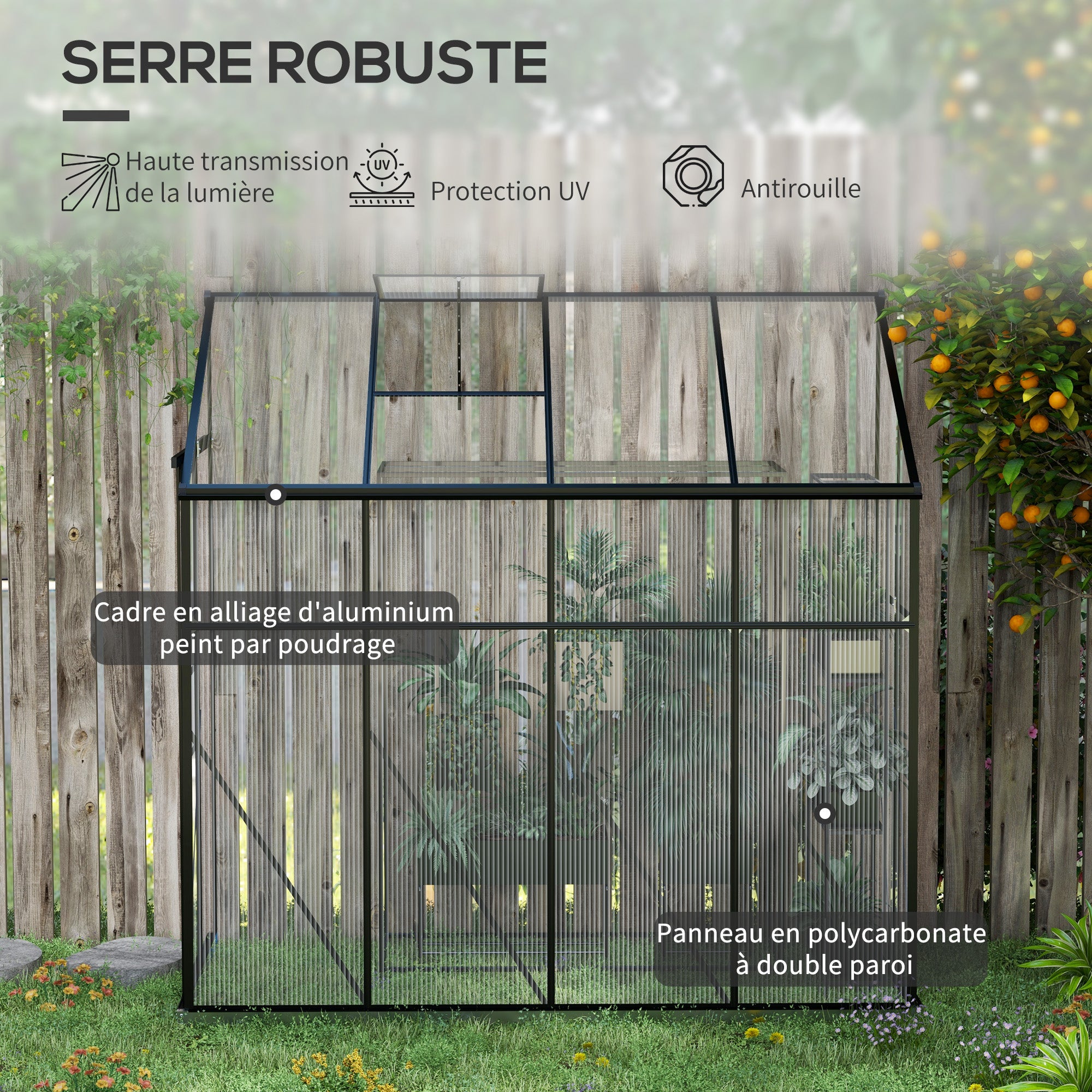 Serre adossée, serre de jardin polycarbonate, avec porte coulissante, évent de toit, fondation, 127 x 253 x 240 cm noir - 5