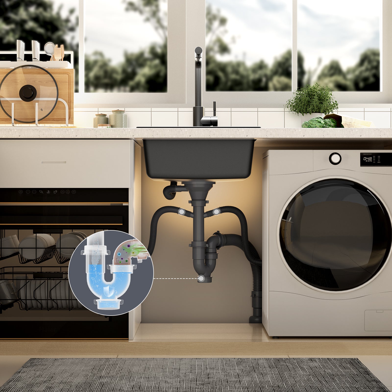 SOFETIY MAX Évier Cuisine Noir 45*45cm ,Évier 1 Bac en Granit, Kit de Vidage,Évier à Encastrer - 3