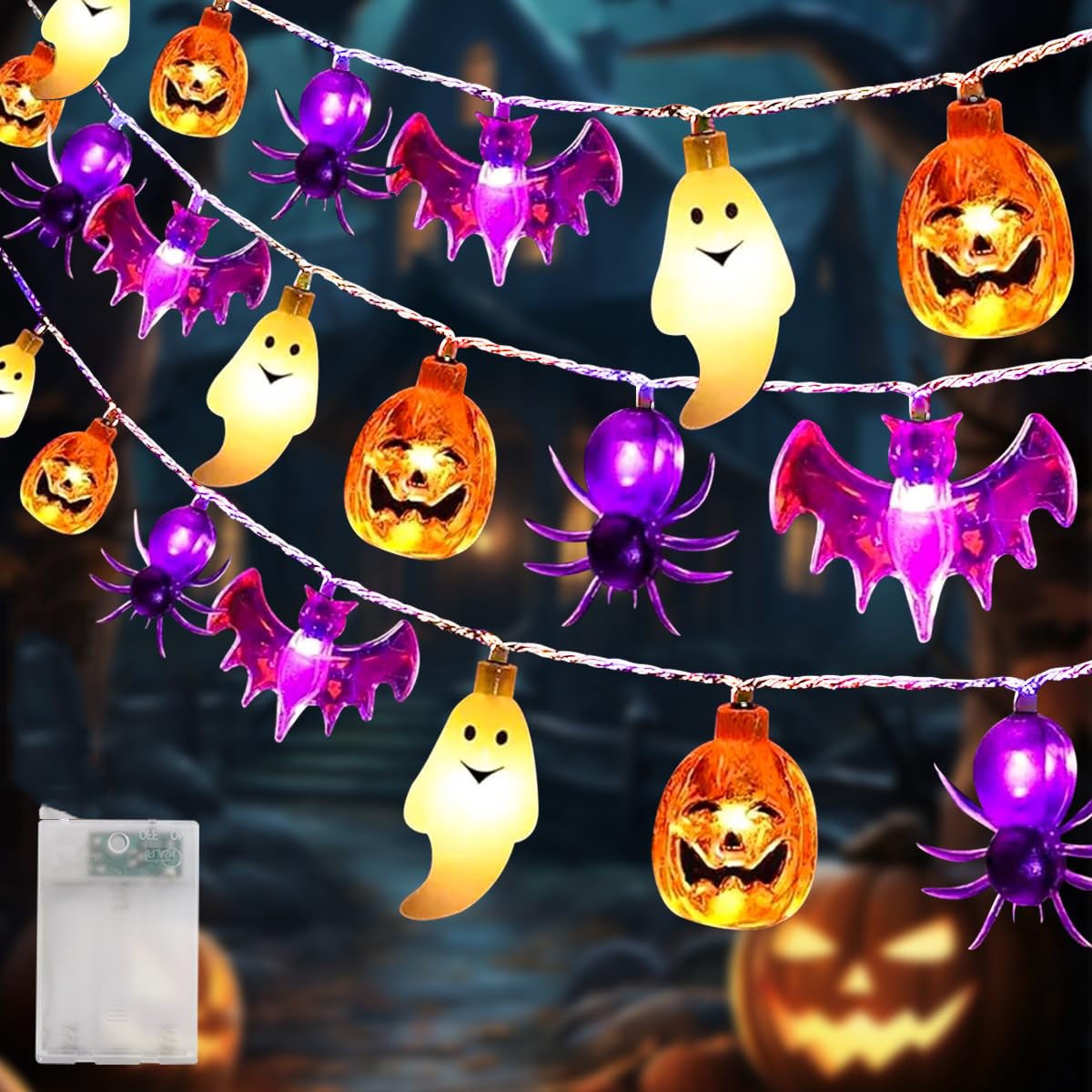 3-metrowa lampa sznurkowa Halloween z 20 diodami LED, dekoracje Halloween 3 w 1, pomarańczowa dynia, nietoperz, biały duch, lampki Halloween