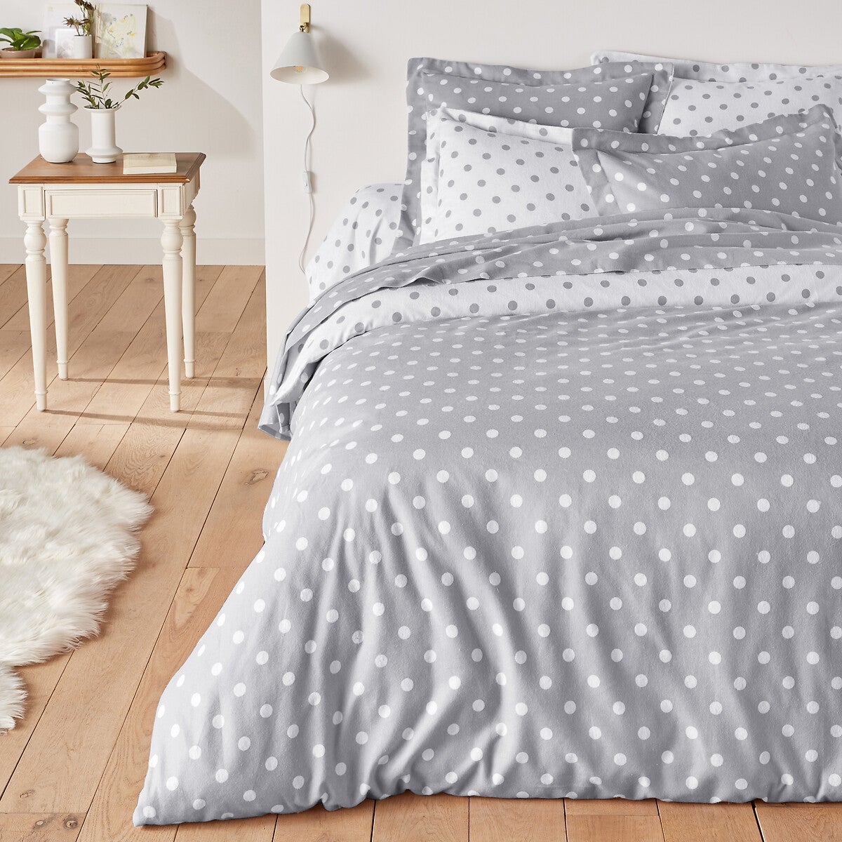 Drap flanelle imprimé pois, Clarisse - Gris/blanc - 180 x 290 cm - 2