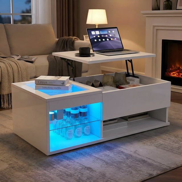 Table Basse Relevable avec LED RGB, Table Basse Blanc pour Salon Bois, Bureau avec Etagère de Rangement Compartiment Caché