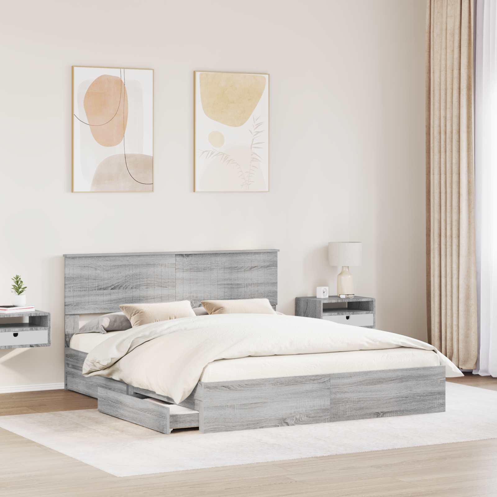 Lit avec rangement, panneau de bois, gris, pour la chambre, 160 × 200 cm - 3