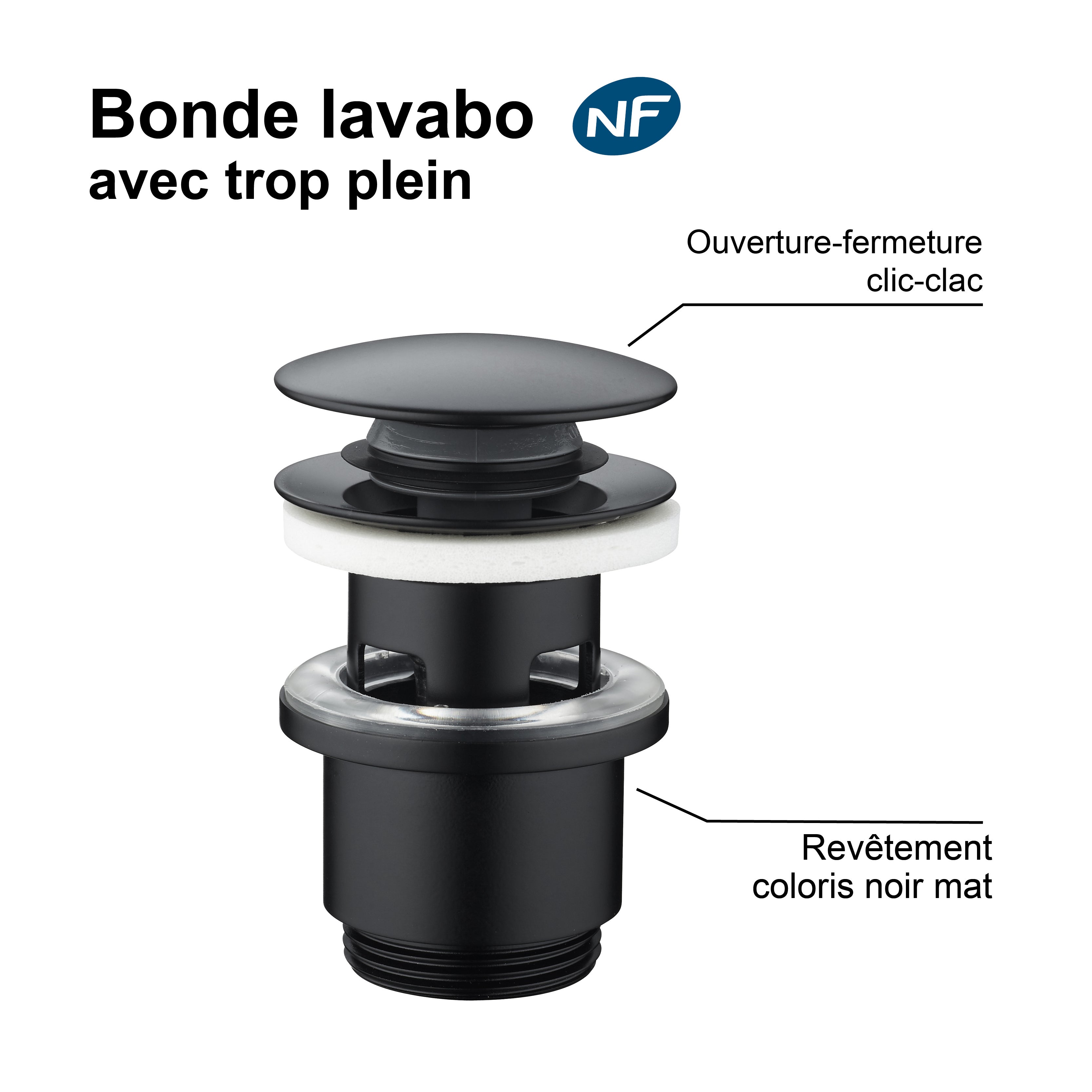 Edouard Rousseau - Bonde de Lavabo Clic-Clac - Avec trop plein - Certifié NF - Noir Mat - 3