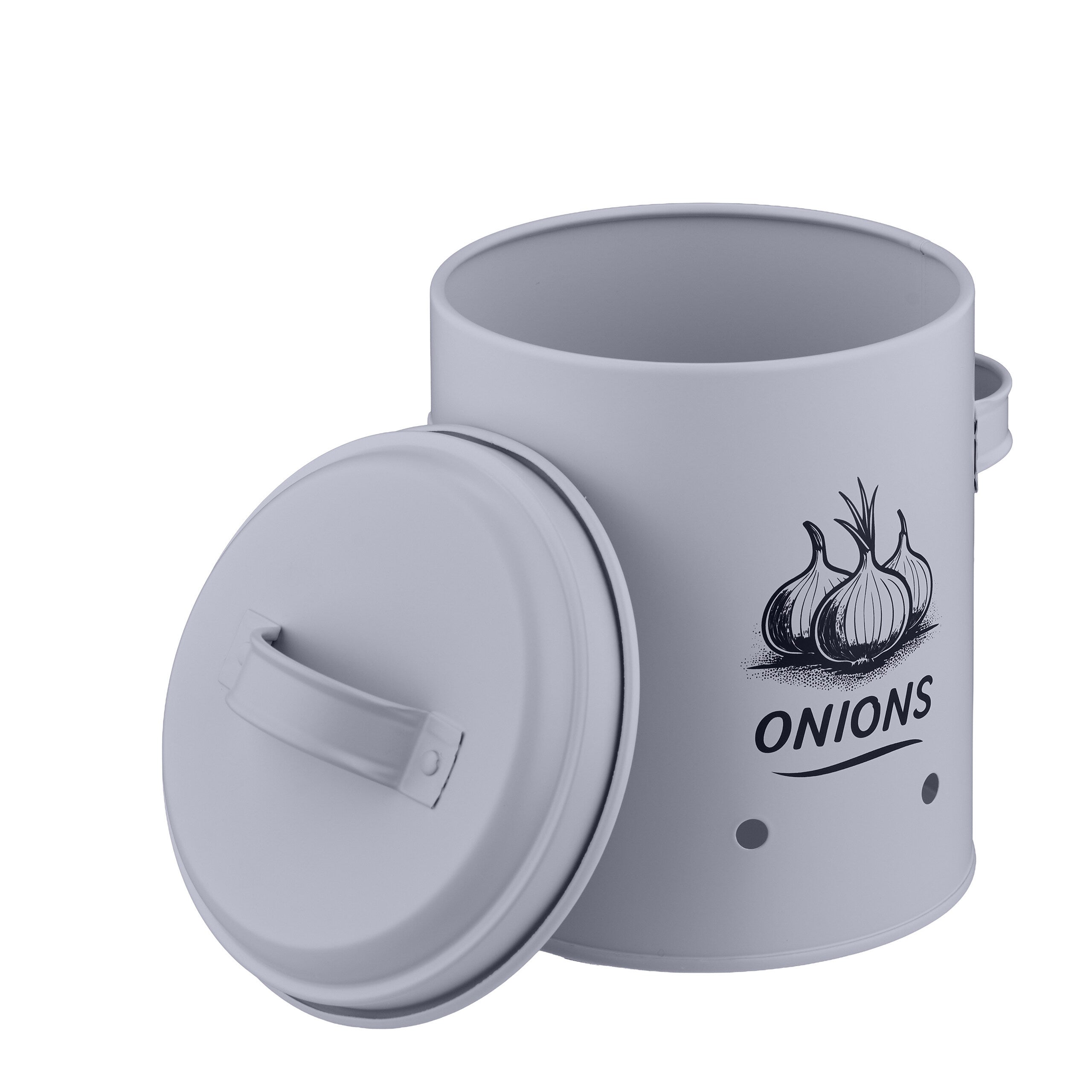 Set de 3 cajas para patatas, cebollas y ajos, de metal gris, con tapas y orificios, Relaxdays - 5