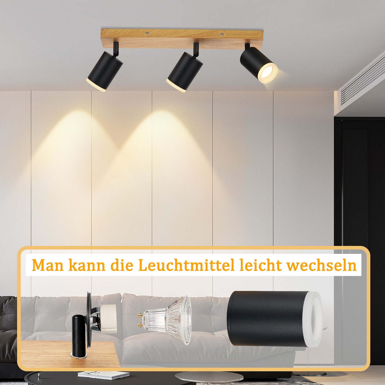 NETTLIFE Spot de plafond spots de plafond noirs lampe de cuisine GU10 spot mural en bois vintage pivotant sans ampoule orientable à 350° - 7