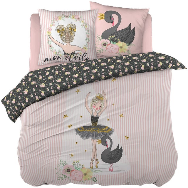 BALLET - Parure de Lit Coton Motif Danseuse Housse de Couette 200x200cm + 2 Taies d'Oreiller