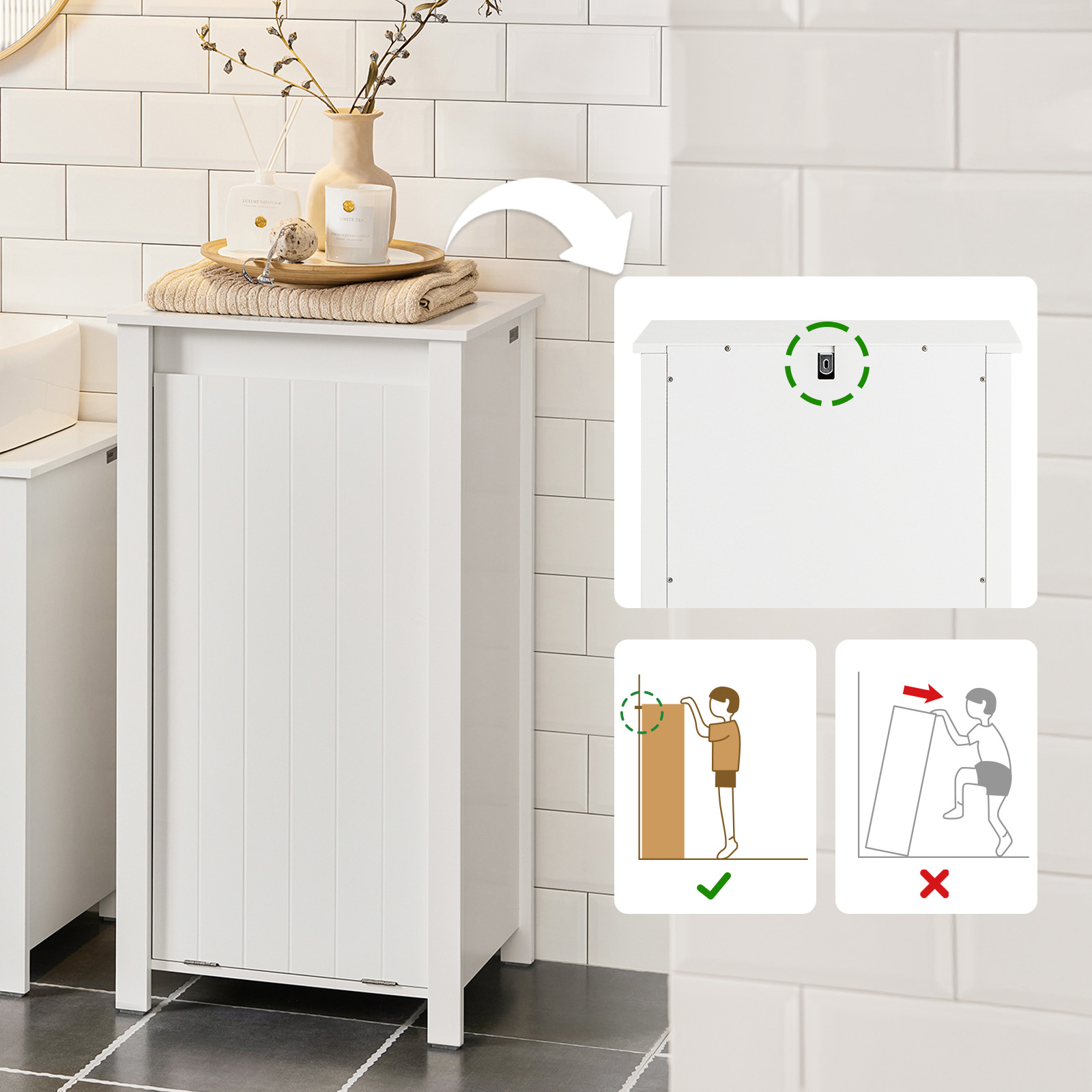 Mobile Porta Biancheria Per Bagno Mobile Lavanderia Con Sacco Portabiancheria Pieghevole Bianco 45x35x85,5cm BZR100-W SoBuy - 8