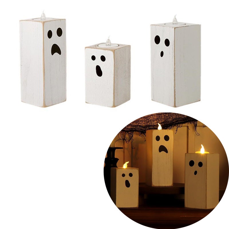 Zestaw 3 drewnianych świeczników na Halloween, ze światłami LED bez płomieni, kreatywny design, idealna dekoracja stołu na przyjęcie, idealny prezent