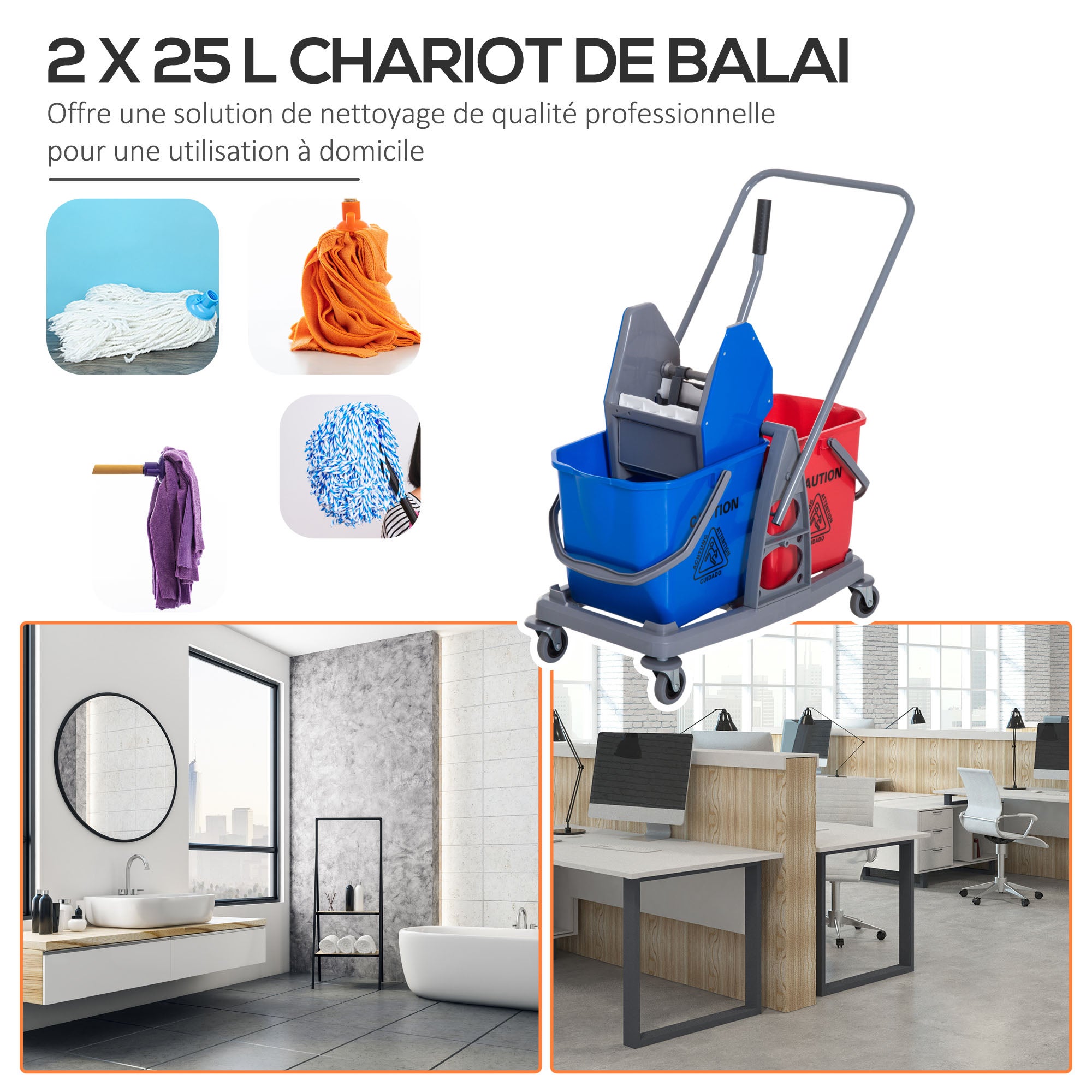 Chariot de lavage - chariot de nettoyage - HOMCOM - professionnel presse mâchoire 2 seaux 25 L mobile - plastique - gris bleu rouge - 5