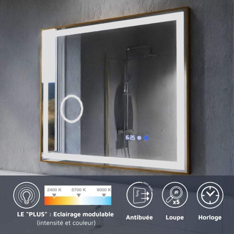 Miroir LED cadre doré CARA 80 cm x 70 cm - antibuée, horloge et loupe - 2