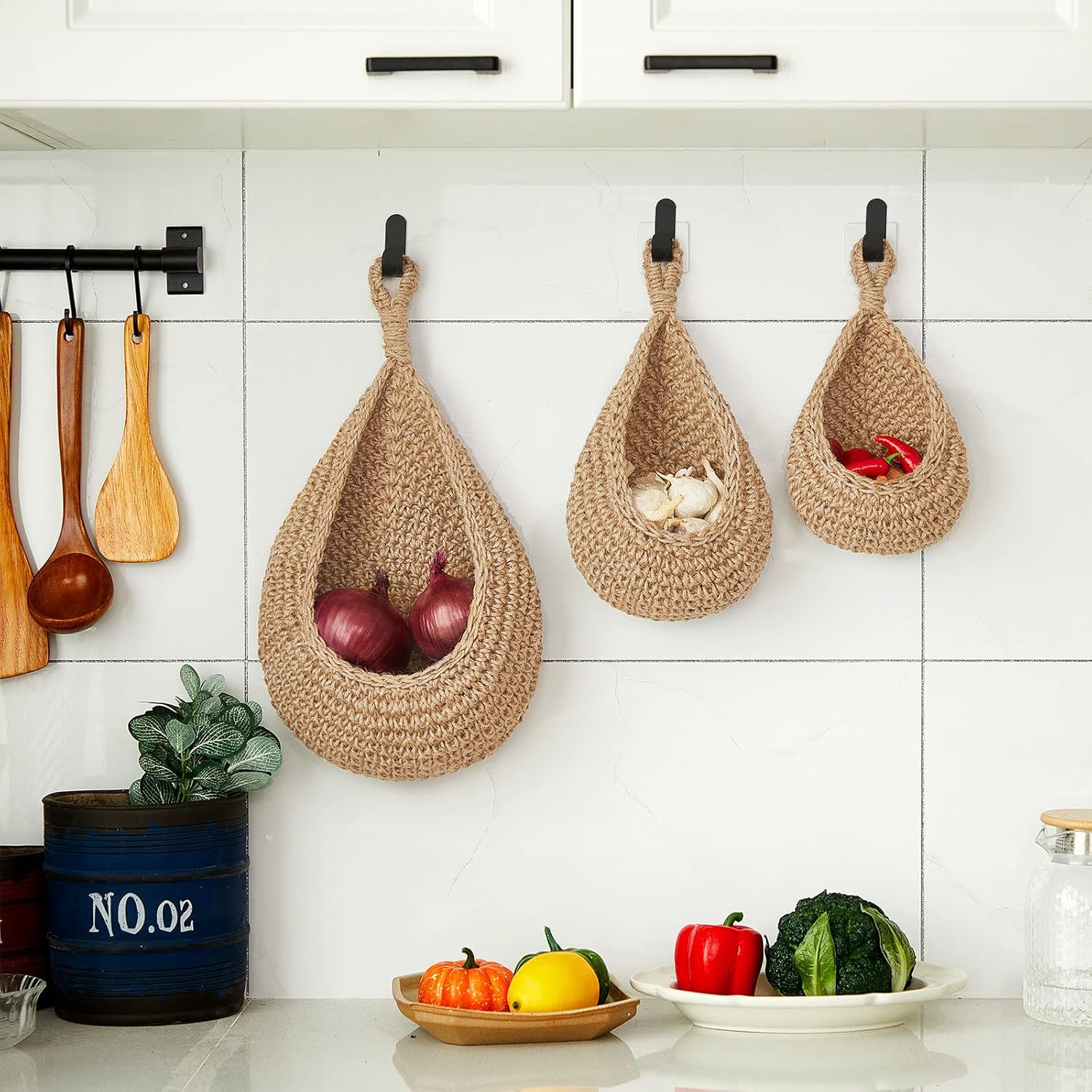 Paniers muraux suspendus style bohème pour la cuisine, lot de 3 paniers en forme de goutte avec crochets, pour ranger fruits, oignons, légumes，cotton - 6