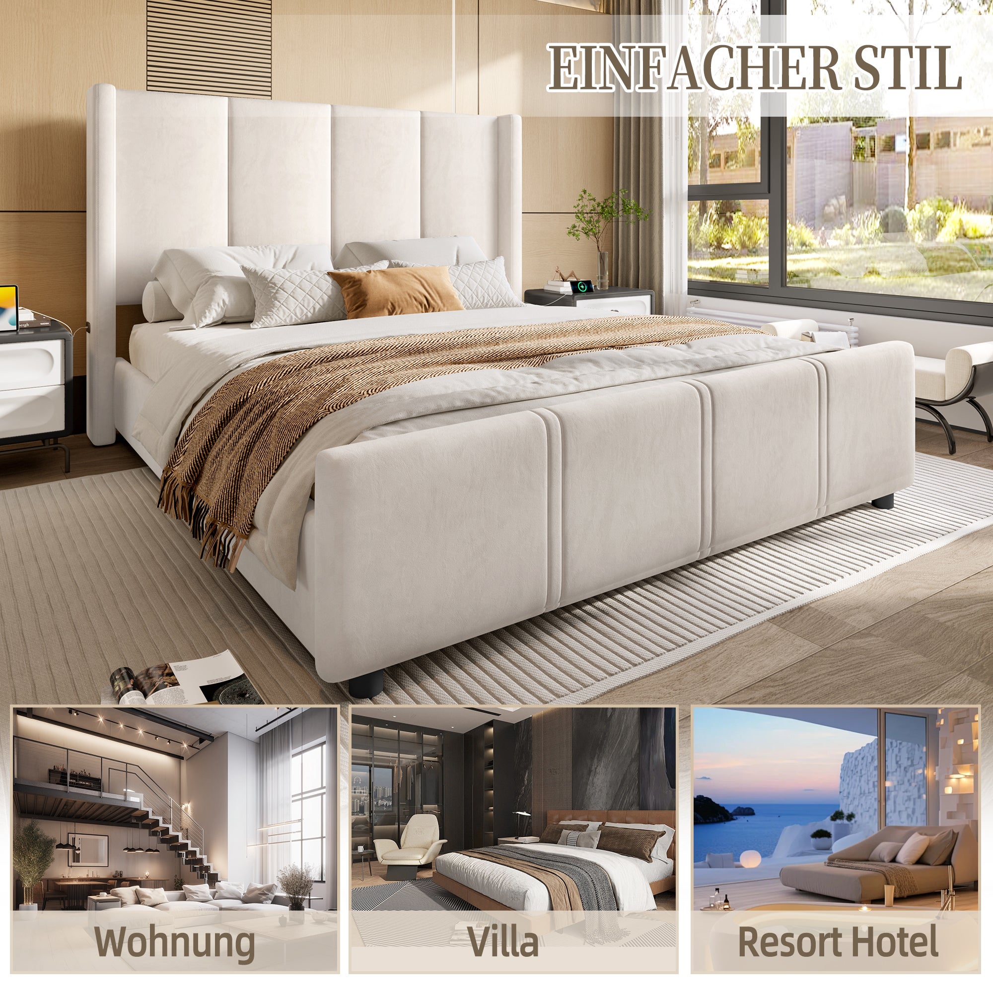 Lit 160x200 avec USB ,Cadre de Lit Rembourré moderne avec tête et pied de lit hauts, Velours Beige(Sans Matelas) - 4