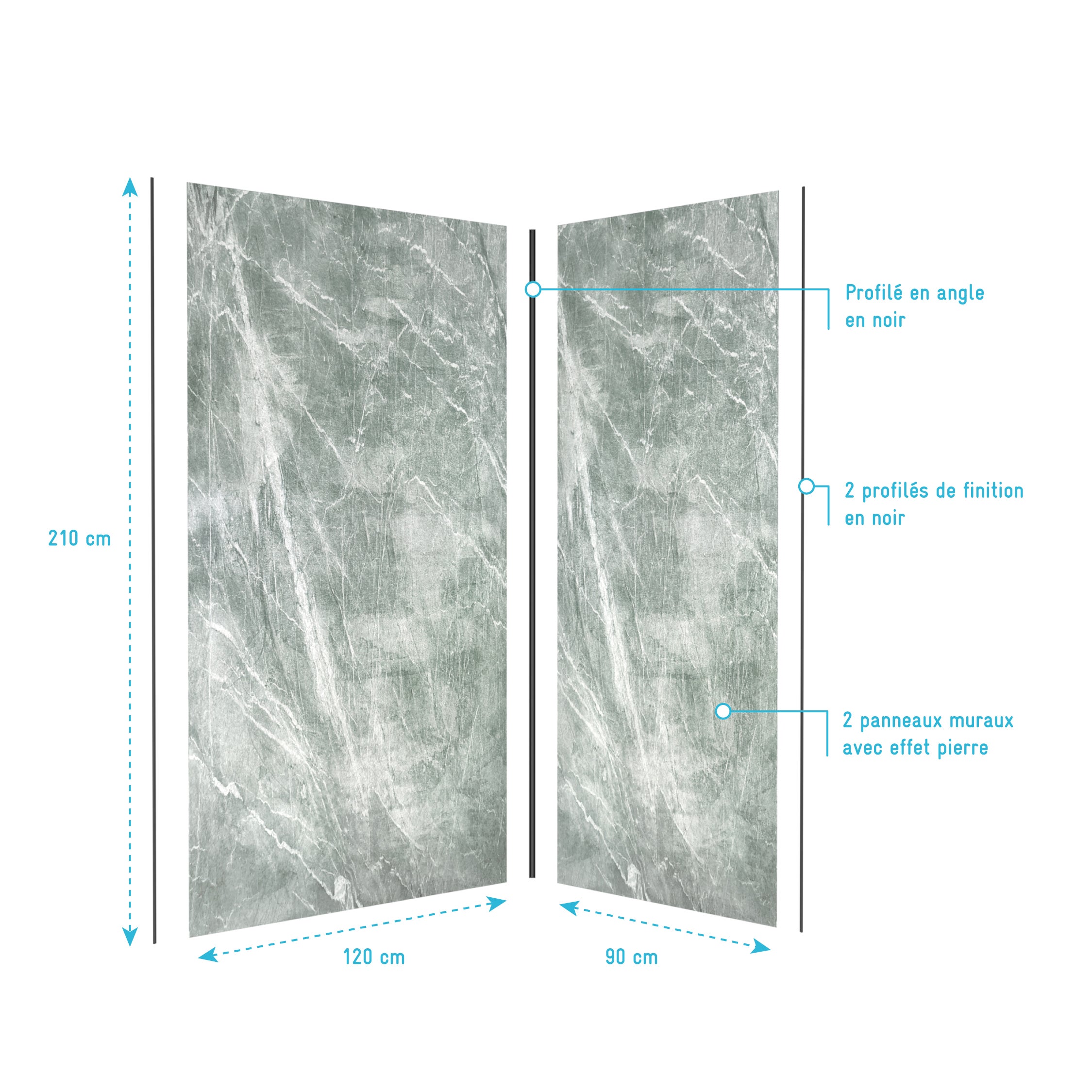 Pack de 2 Panneaux Muraux Pierre Artic Green 90+120x210 cm avec Profilés NOIR MAT - STONE'IT - 4