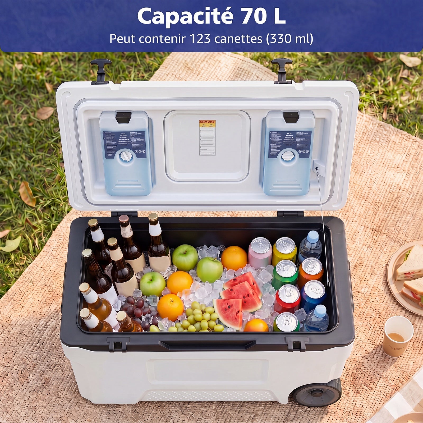 Glacière, Poignées et Roulettes Transport, Glacière Portable de 70L, Orifice de Sortie, Emplacement du Gobelet, Garder la Glace Jusqu'à 6 Jours, Blanc - 4