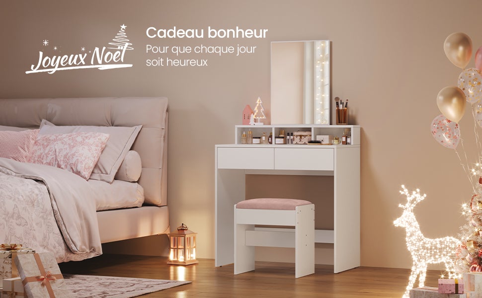 Coiffeuse Avec Miroir, 2 Tiroirs, 3 Compartiments De Rangement, 80 x 40 x 140 cm, SANS TABOURET, Style Moderne, Blanc - 9