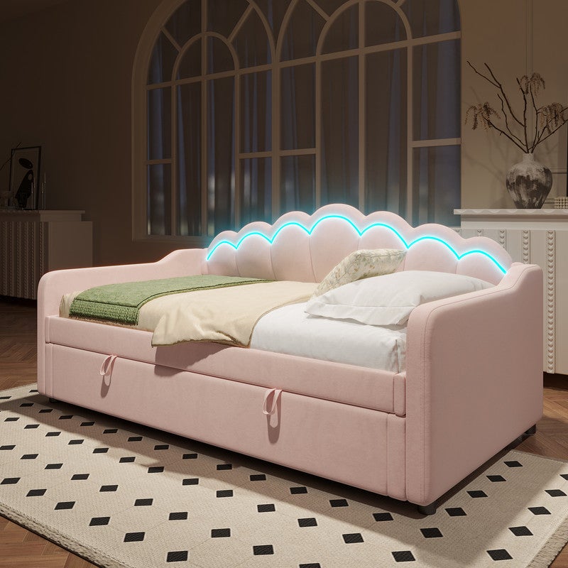 Sofa-łóżko 90x200cm - Zmieniające kolor oświetlenie LED - Velvet - różowy (bez materaca)
