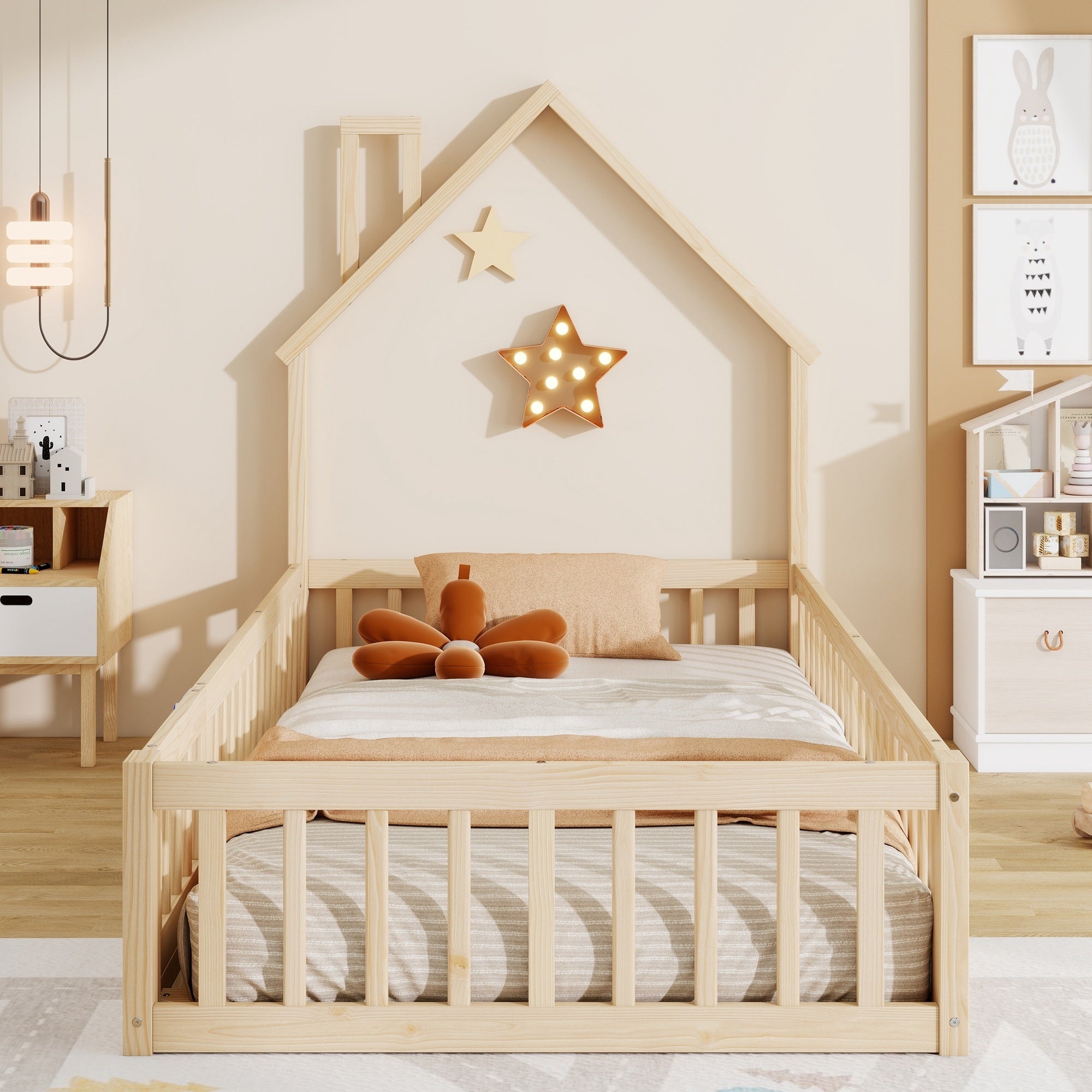 Cama infantil suelo,90x200,cama Montessori,cama infantil con forma de chimenea,cama infantil tipo cabaña con somier,cama individual,madera de pino - 4