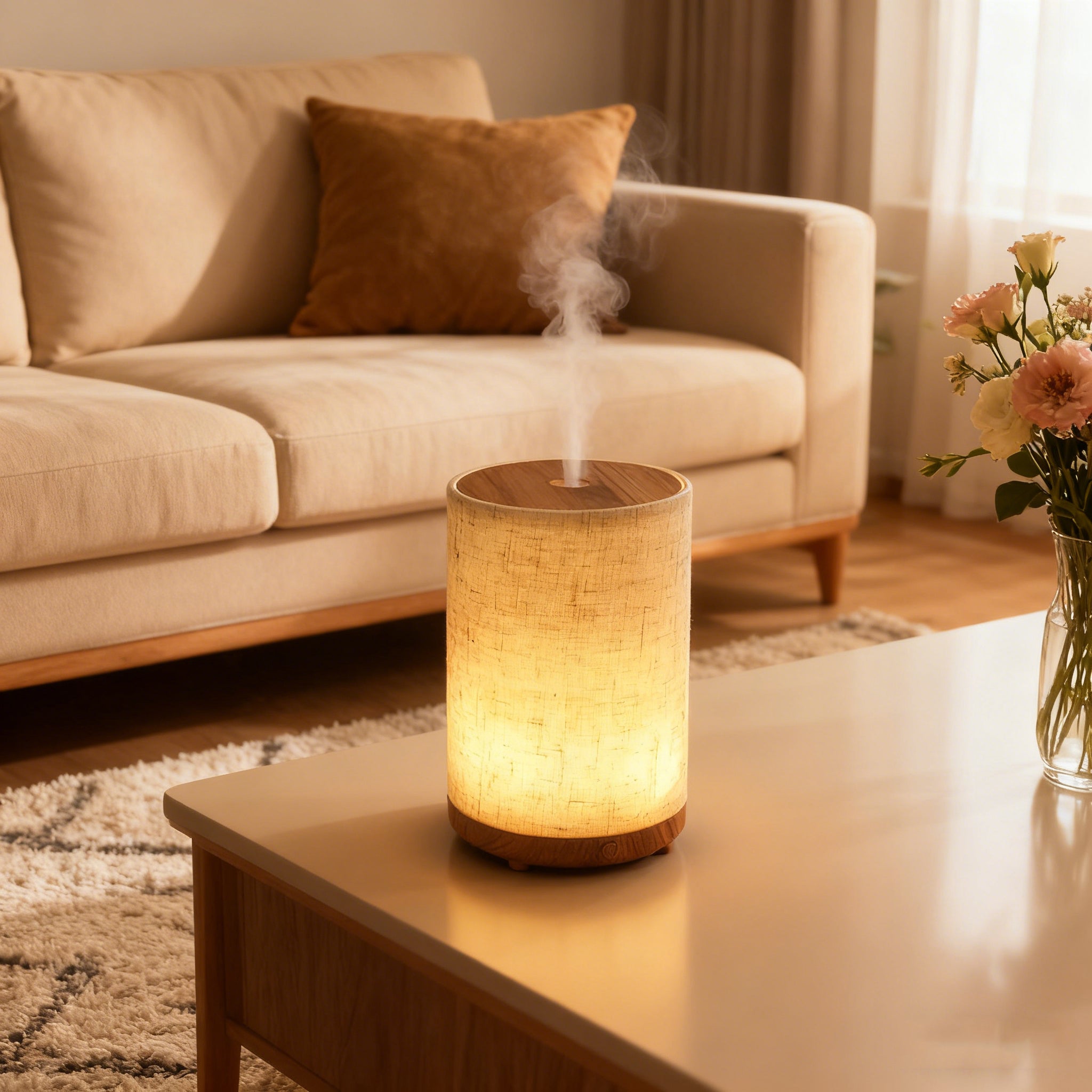 1pc Difusor Aromaterapia Ultrasónico 80ml, Luz Cálida, Diseño Madera & Tela, Niebla 4H Continua/8H Intermitente, Apagado Automático - 4