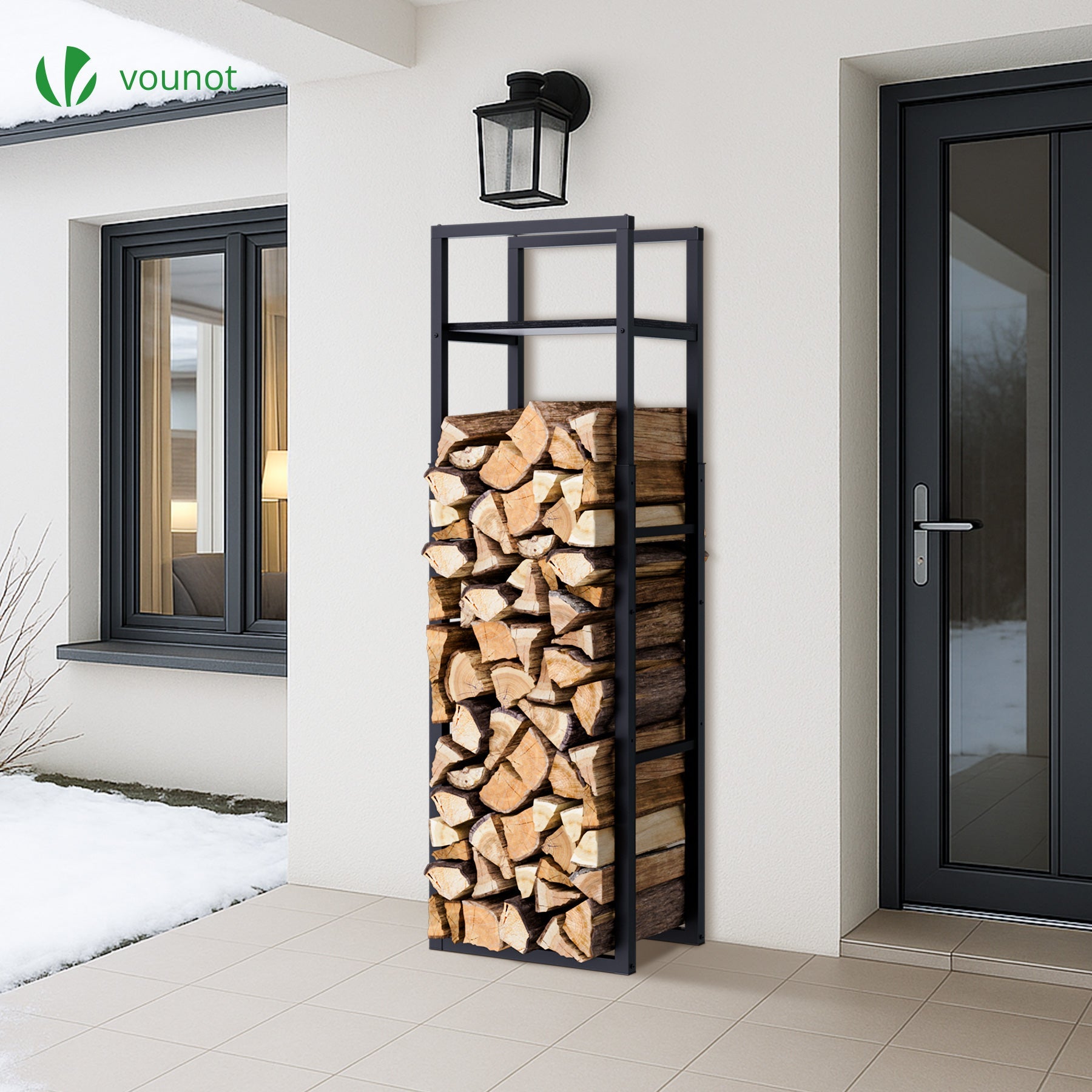 Porte bûche vertical télescopique avec étagère 45x32x170cm - métal - range bûche pour cheminée intérieur et extérieur - noir - VOUNOT® - 7