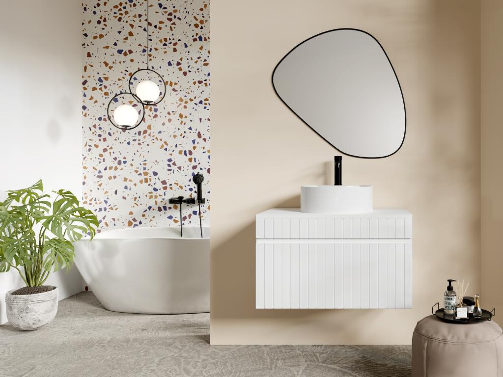 Meuble sous vasque suspendu strié blanc avec planche - 80 cm - SATARA