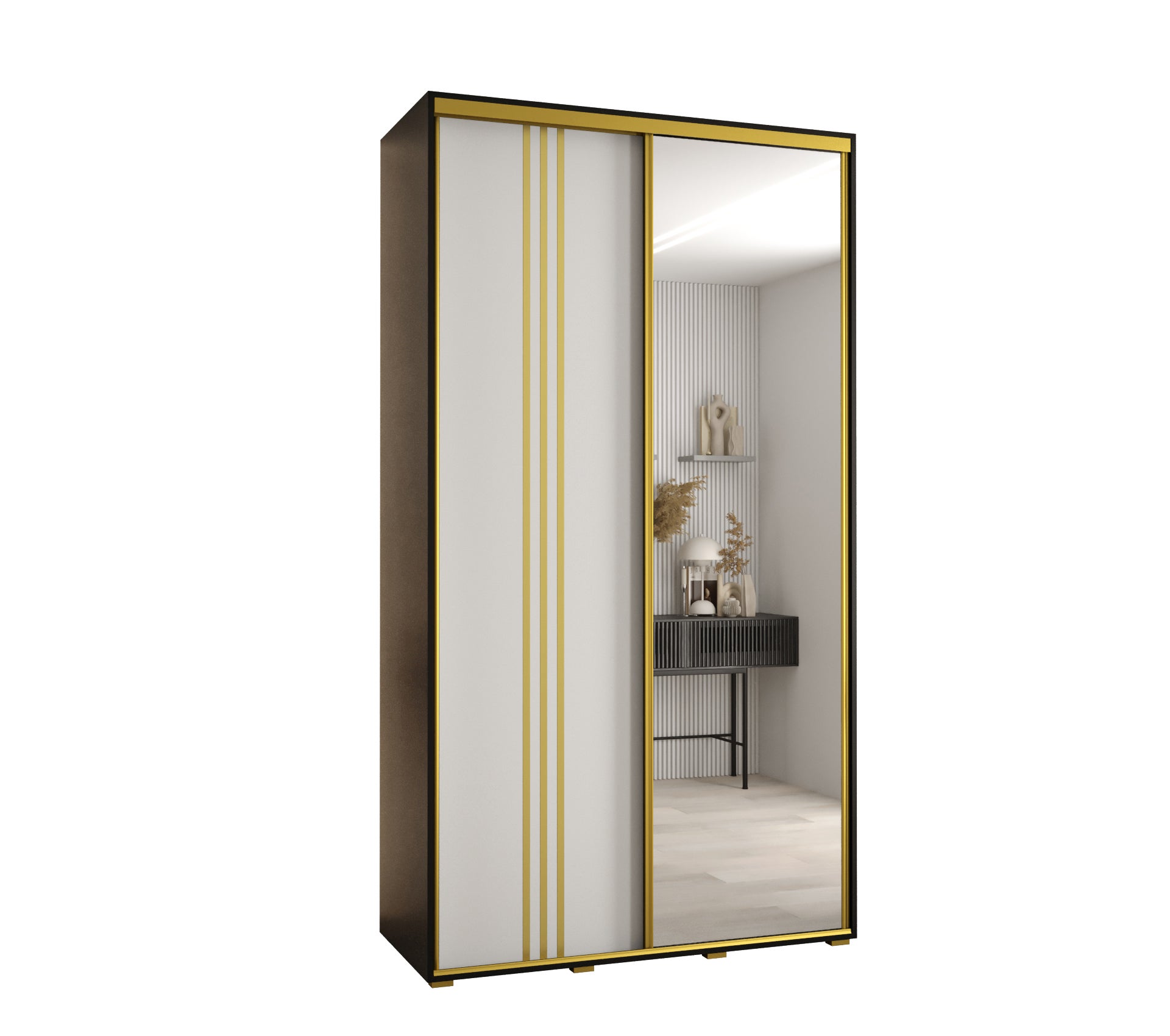 Szafa przesuwna z lustrem wysoka Davos 7 130 x 60 x 235,2 cm czarny + biały + u. złoty - Abiks Meble