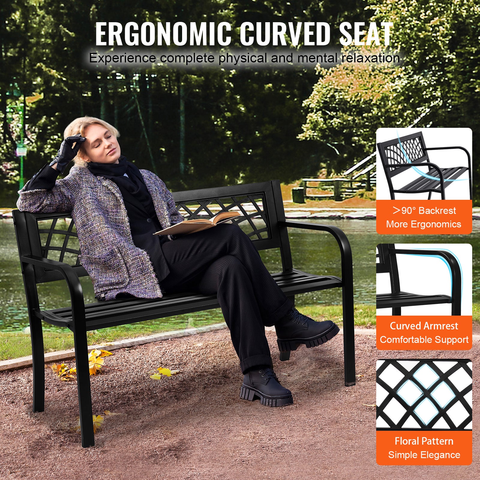 Banc jardin métal extérieur,capacité SucceBuy 480 lb,avec dossier et accoudoirs,parfait patio,parc,cour,véranda - 6