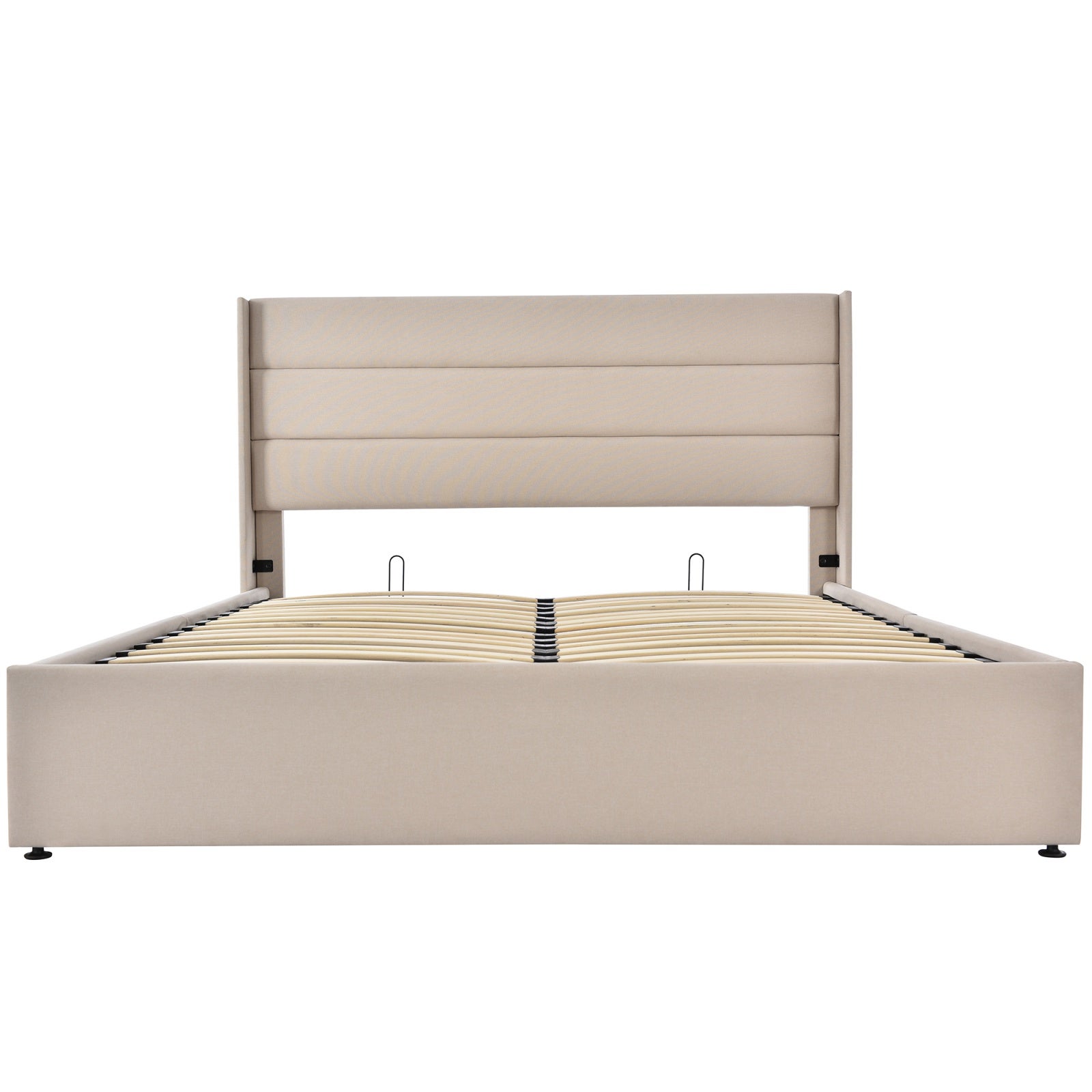 Lit coffre 160x200 avec rangement, lit double adulte avec sommier, structure métallique, revêtement en lin, grand espace de rangement - Beige - 3