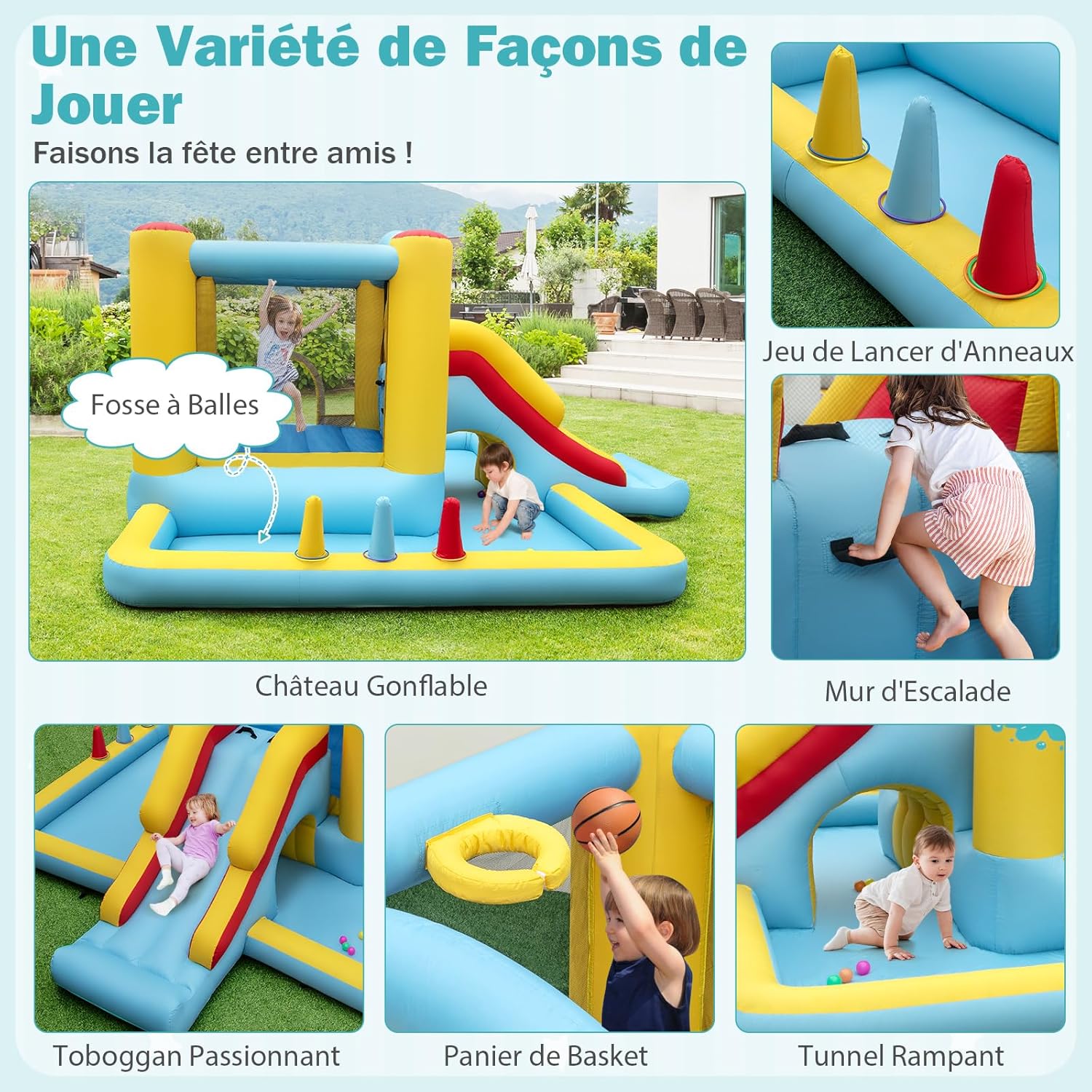 7 en 1 Structure Gonflable avec Toboggan & Maison de Saut, Aire de Jeux Gonflable avec Piscine à Balles & Panier de Basketball - 2