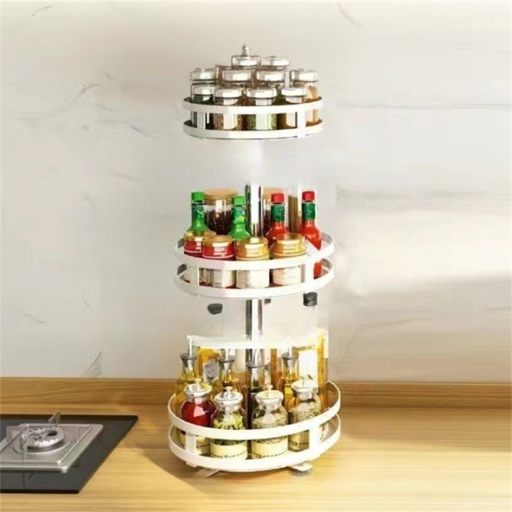 Półka na przyprawy na blacie kuchennym, obrotowa, metalowa, regulowana wysokość, 3-poziomowa, okrągła, biała, 25*57,5 cm
