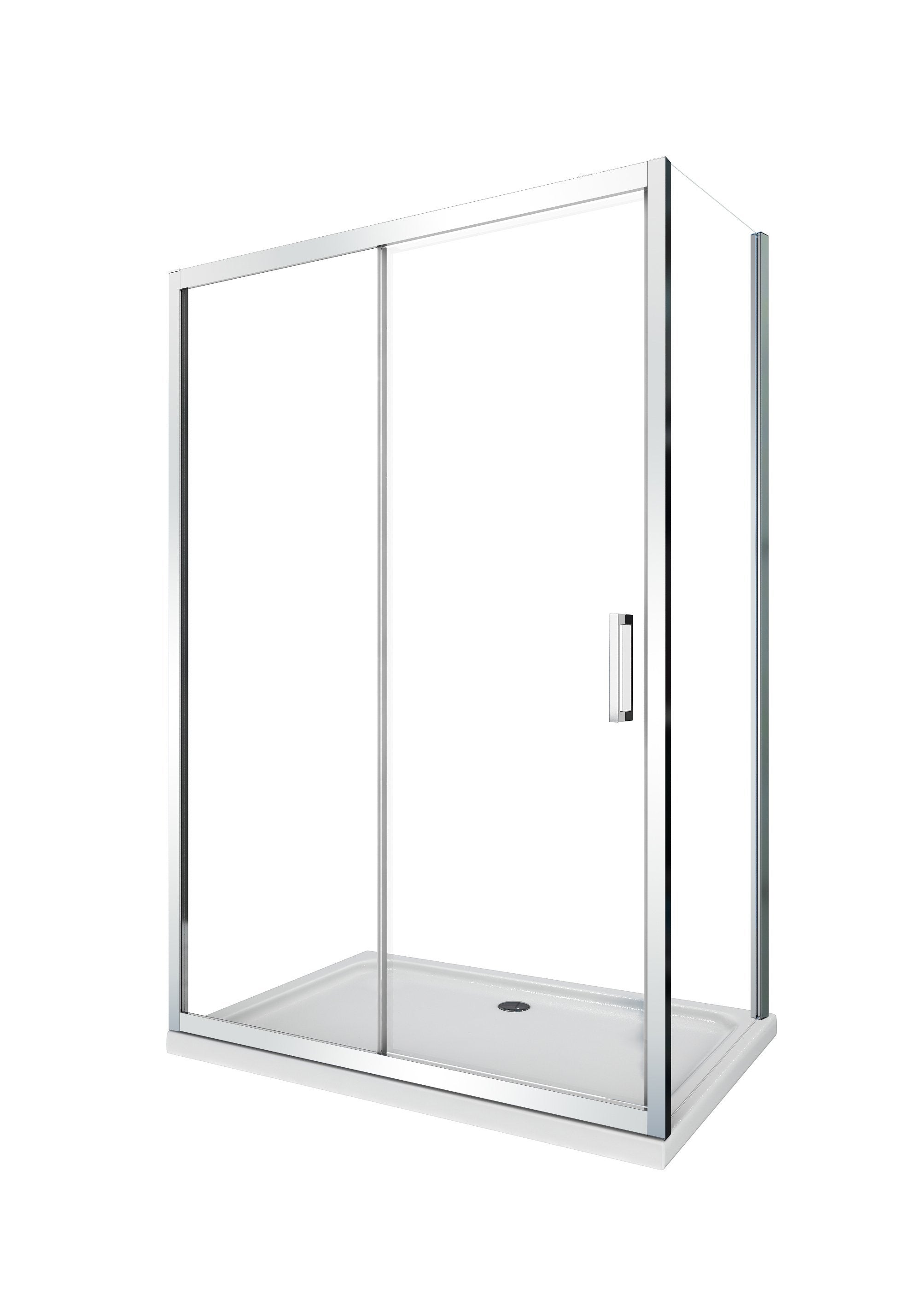 Kabina prysznicowa narożna: ścianka stała + drzwi przesuwne, szkło 6 mm, ścianka stała 72,5-75 drzwi 105-110