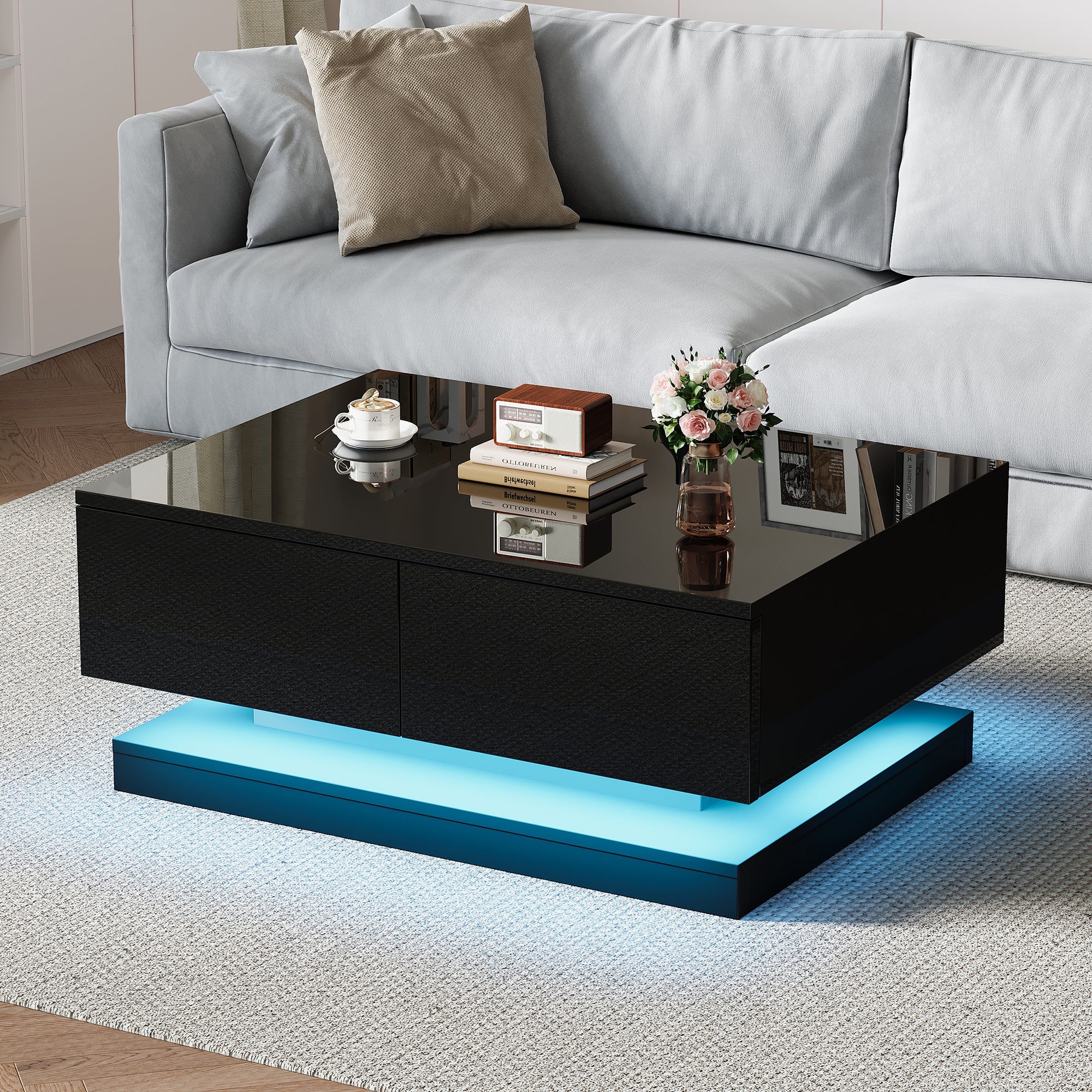 Stół kawowy wysoki połysk 90x50x38cm - z 2 szufladami - z oświetleniem LED - czarny - 4