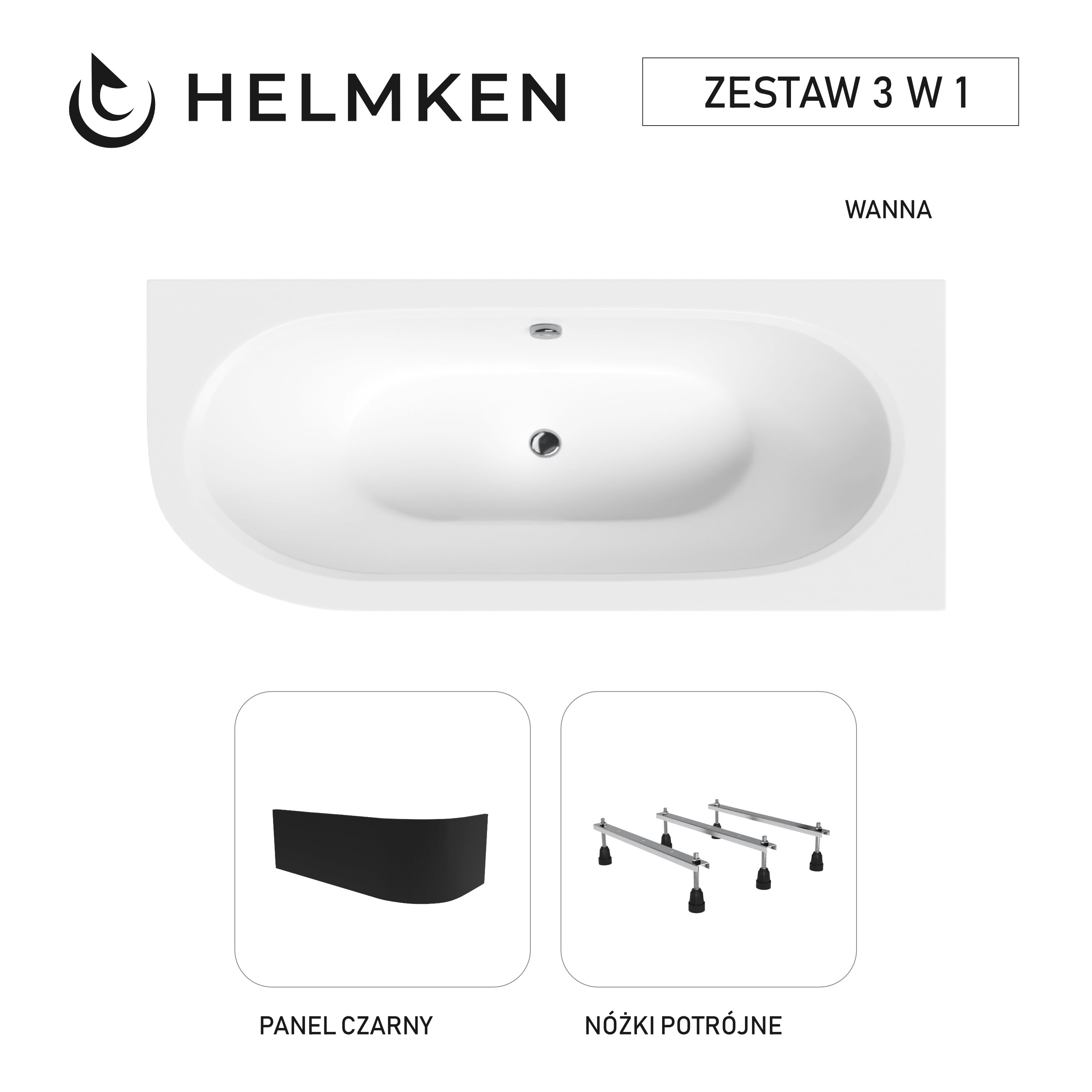 Wanna akrylowa Helmken Marbella Lux 180 x 80 Prawa + Panel czarny + Nóżki potrójne / 23092007ZC