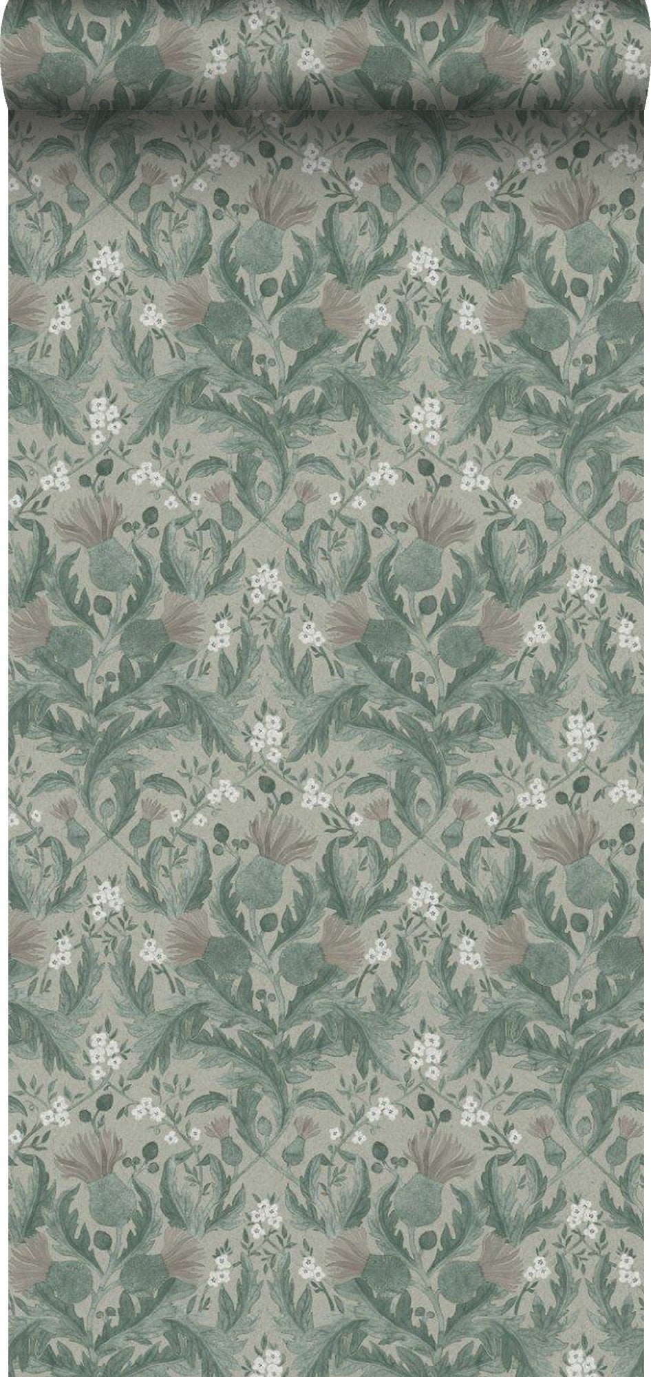 Papel pintado flores vintage en estilo art nouveau verde grisáceo - 53 cm x 10.05 m - borastapeter