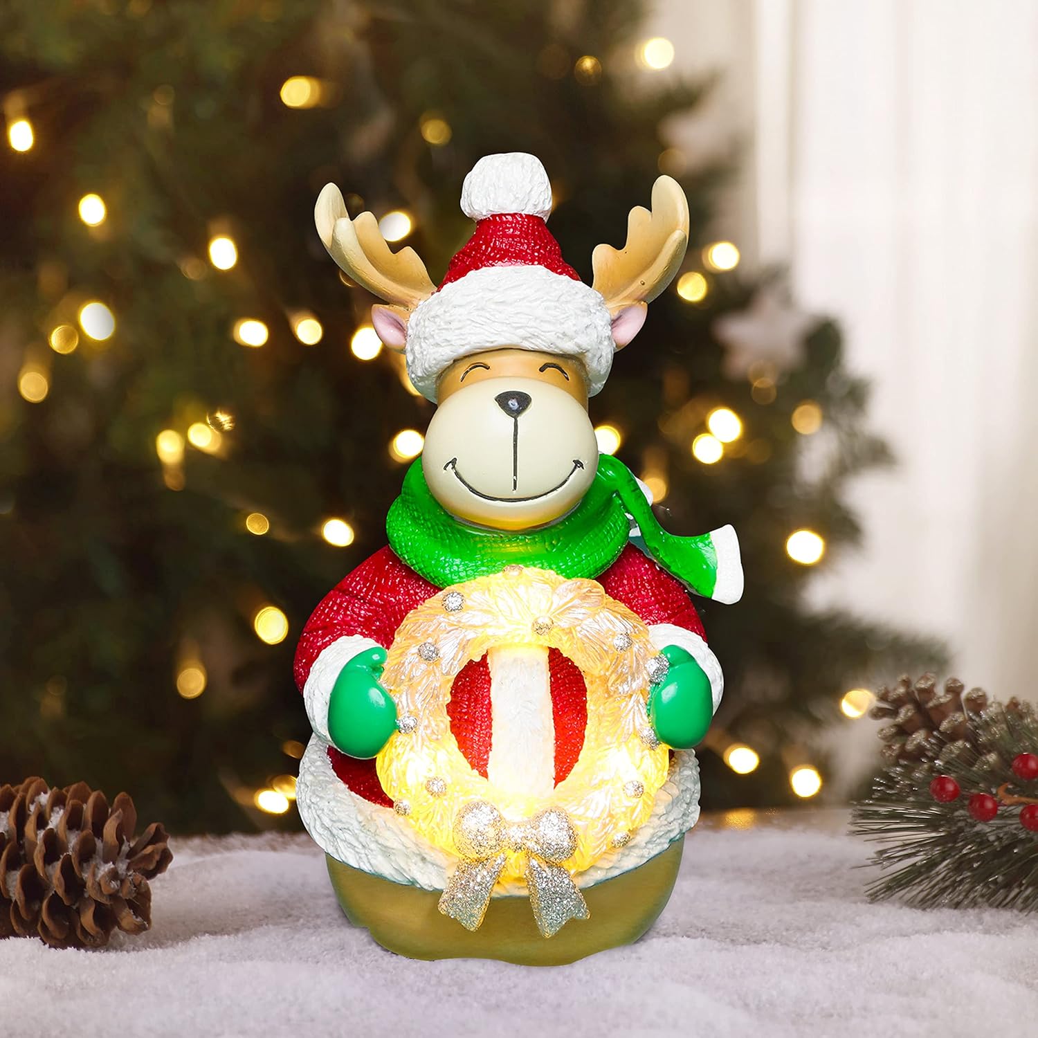 Lampka nocna LED na Boże Narodzenie: Figurka Renifera z Girlandą - Dekoracja biurka z timerem 6/8H - Podświetlana ozdoba do sypialni/salonu