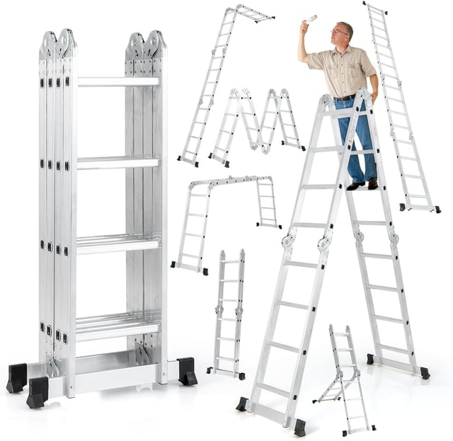 4,6 m Scala Pieghevole 7 in 1, Scala Telescopica Multifunzionale in Alluminio con Pedana Antiscivolo e Blocco di Sicurezza, Capacità di Carico di 150