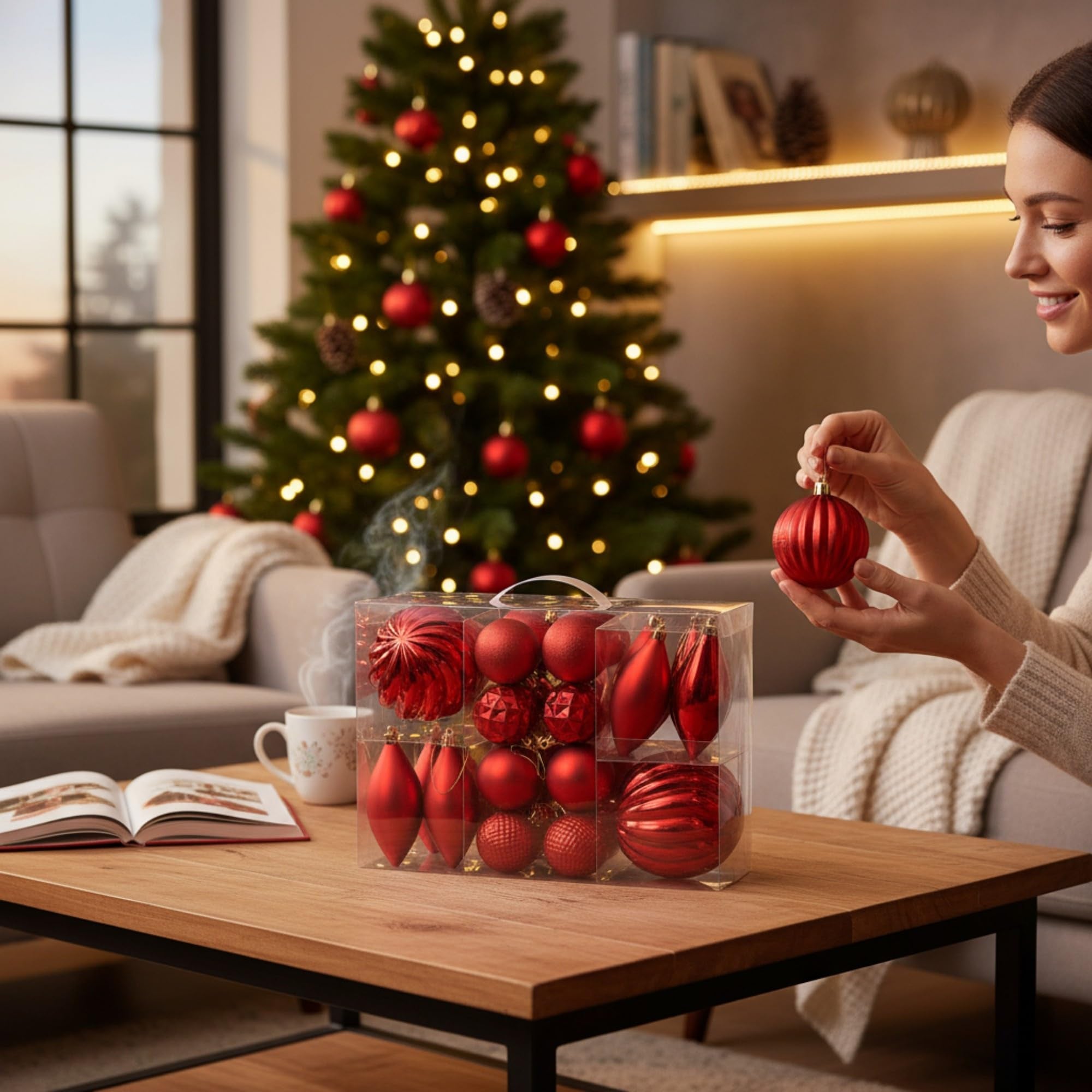 Caja 26 Adornos Arbol Navidad, Plástico, 6/12 cm, Variado, Rojo - 3