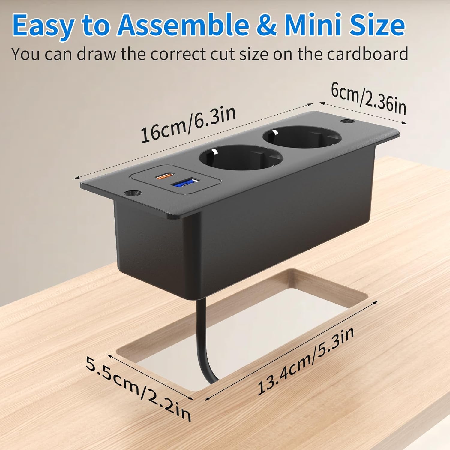 Prise encastrable avec USB C 20 W, 2 Prises de Table avec USB A et Type-C, 4 en 1, Plateau de Table, Triple Prise encastrée avec câble d'extension - 6