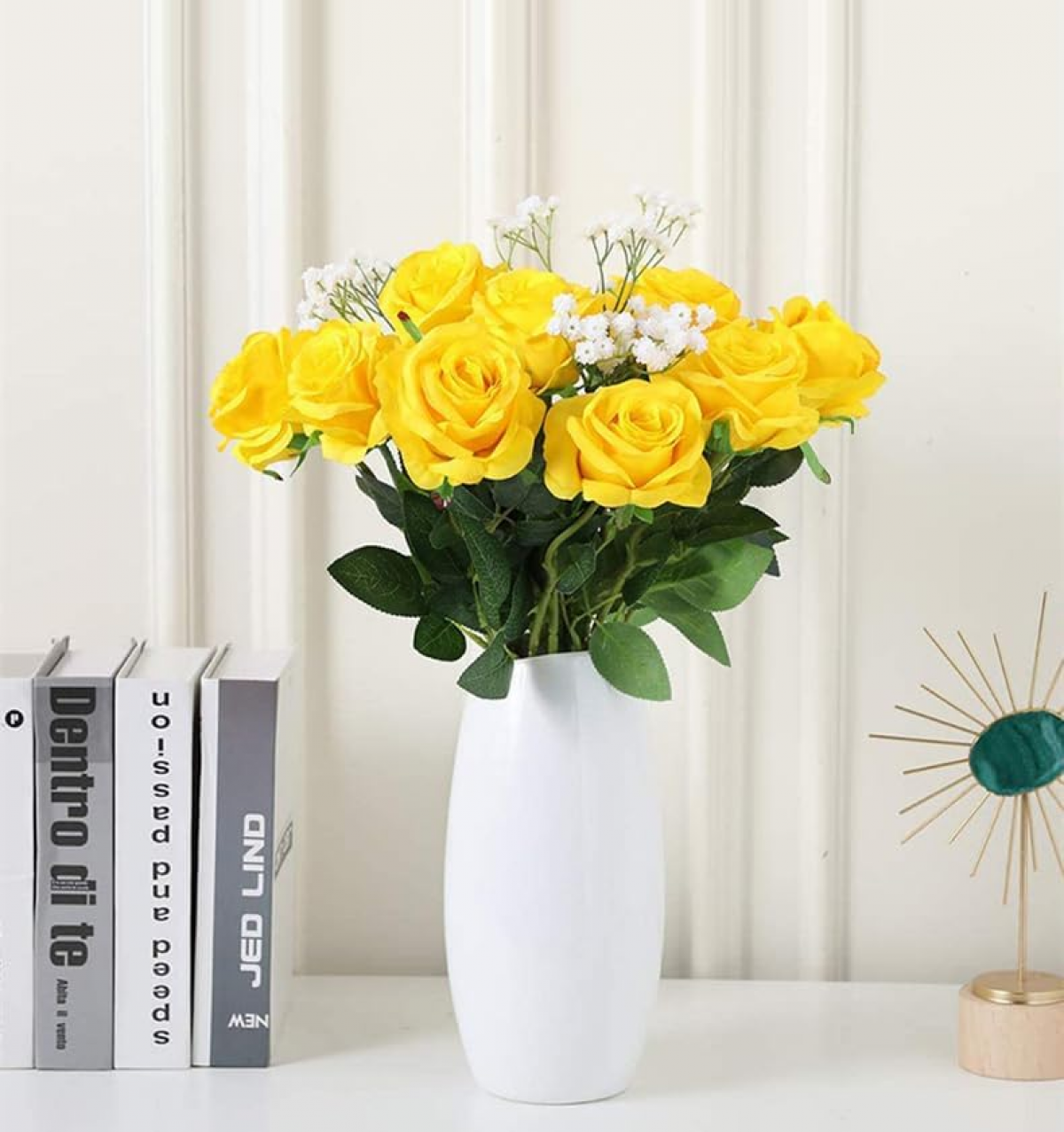 Lot de 10 roses artificielles en soie à longue tige pour bouquet de mariage, centre de table ou décoration d'intérieur (jaune) - 4