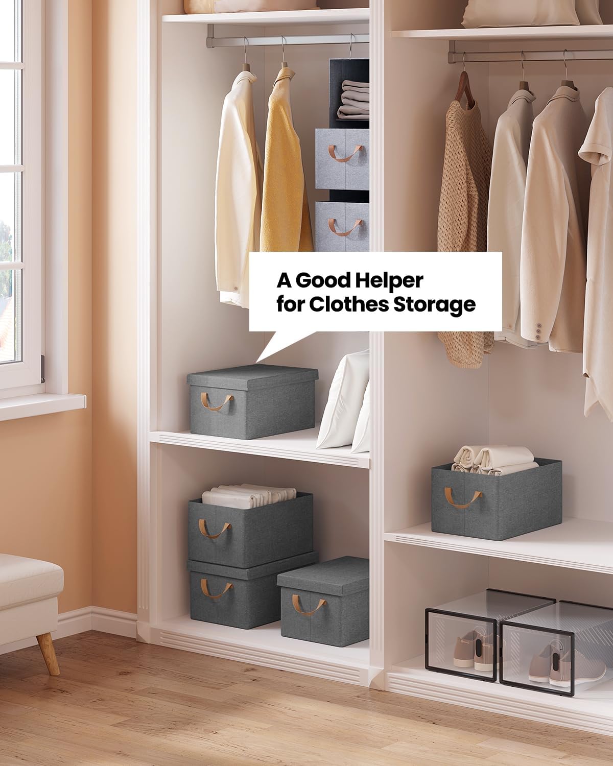 WOLTU Lot de 5 Boîte de Rangement 43x33x26cm en Tissu non Tissé，Caisse Rangement Pliable，Coffre de Rangement avec Poignée，Couvercle Amovible，Gris - 3